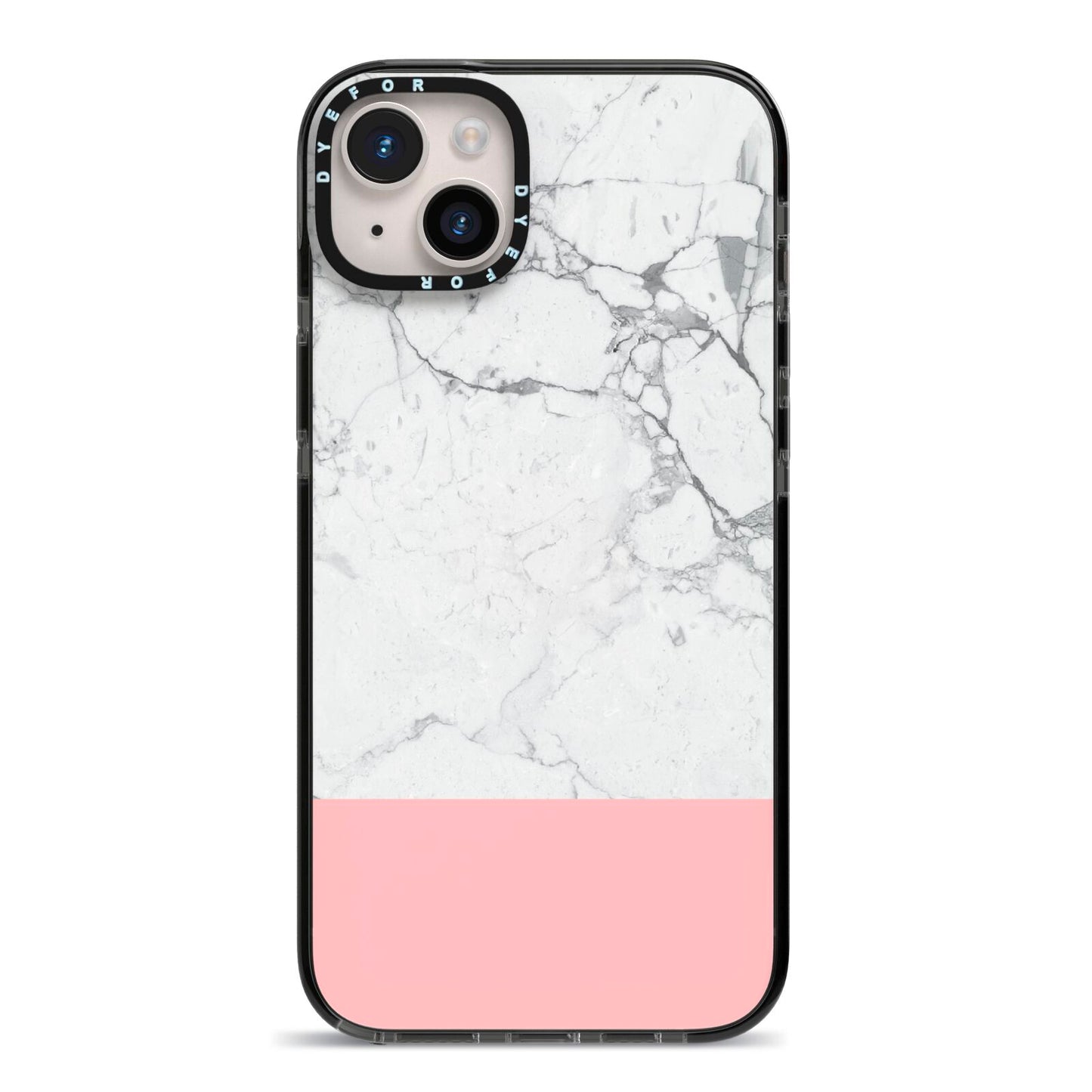 Marble White Carrara Pink iPhone 14 Plus Black Impact Case on Silver phone