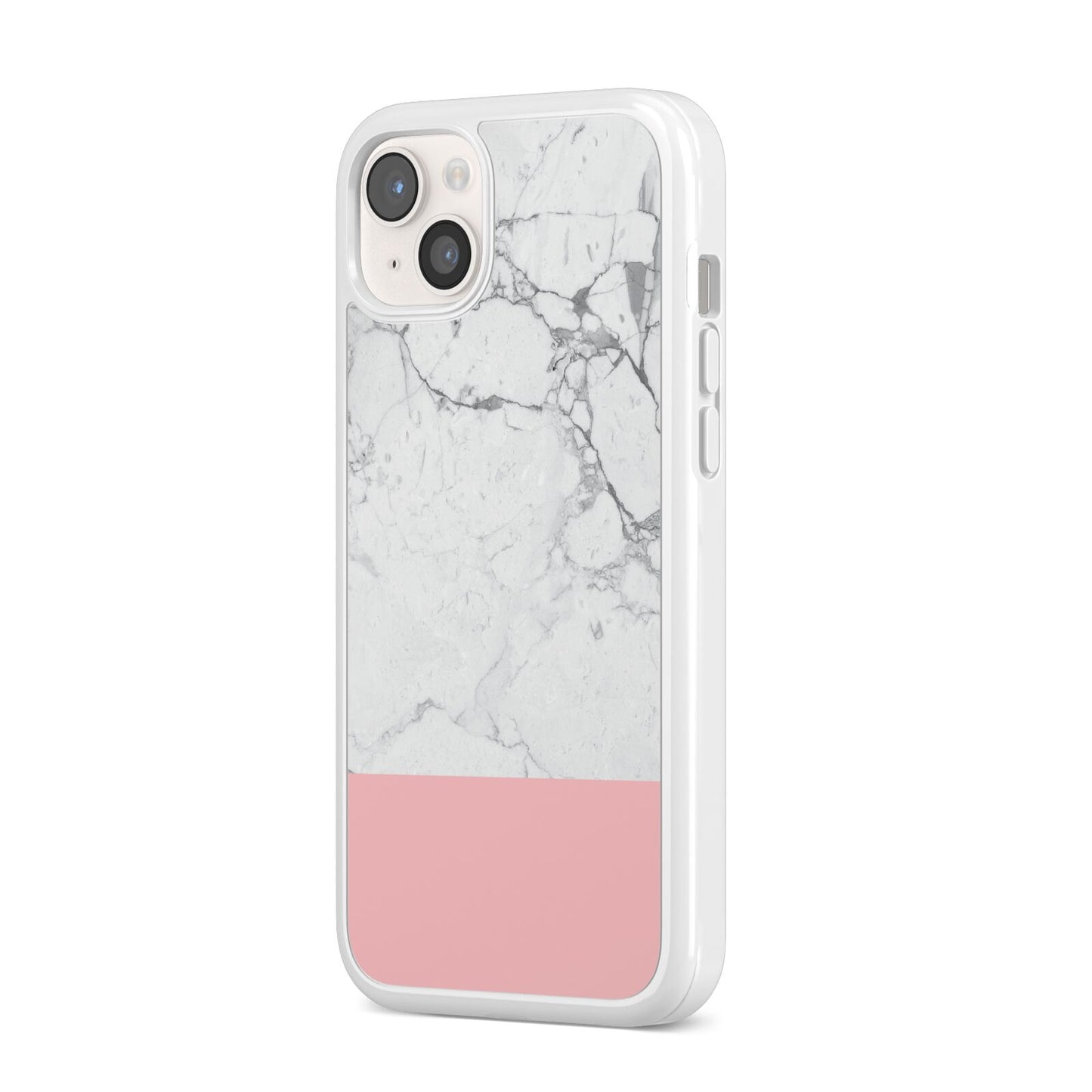 Marble White Carrara Pink iPhone 14 Plus Clear Tough Case Starlight Angled Image