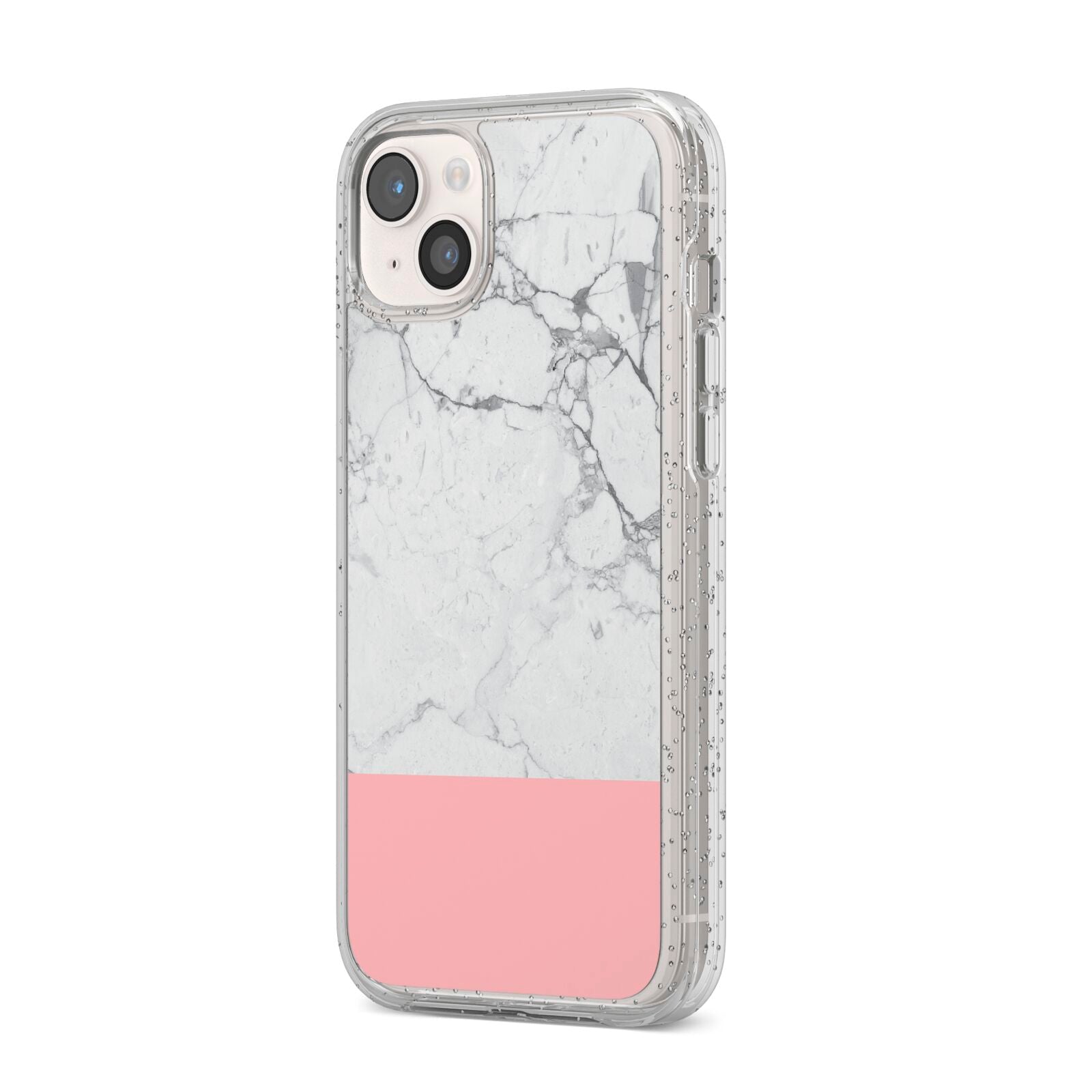 Marble White Carrara Pink iPhone 14 Plus Glitter Tough Case Starlight Angled Image