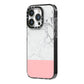 Marble White Carrara Pink iPhone 14 Pro Black Impact Case Side Angle on Silver phone