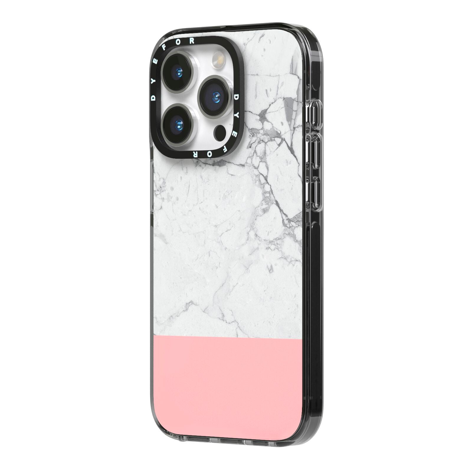 Marble White Carrara Pink iPhone 14 Pro Black Impact Case Side Angle on Silver phone