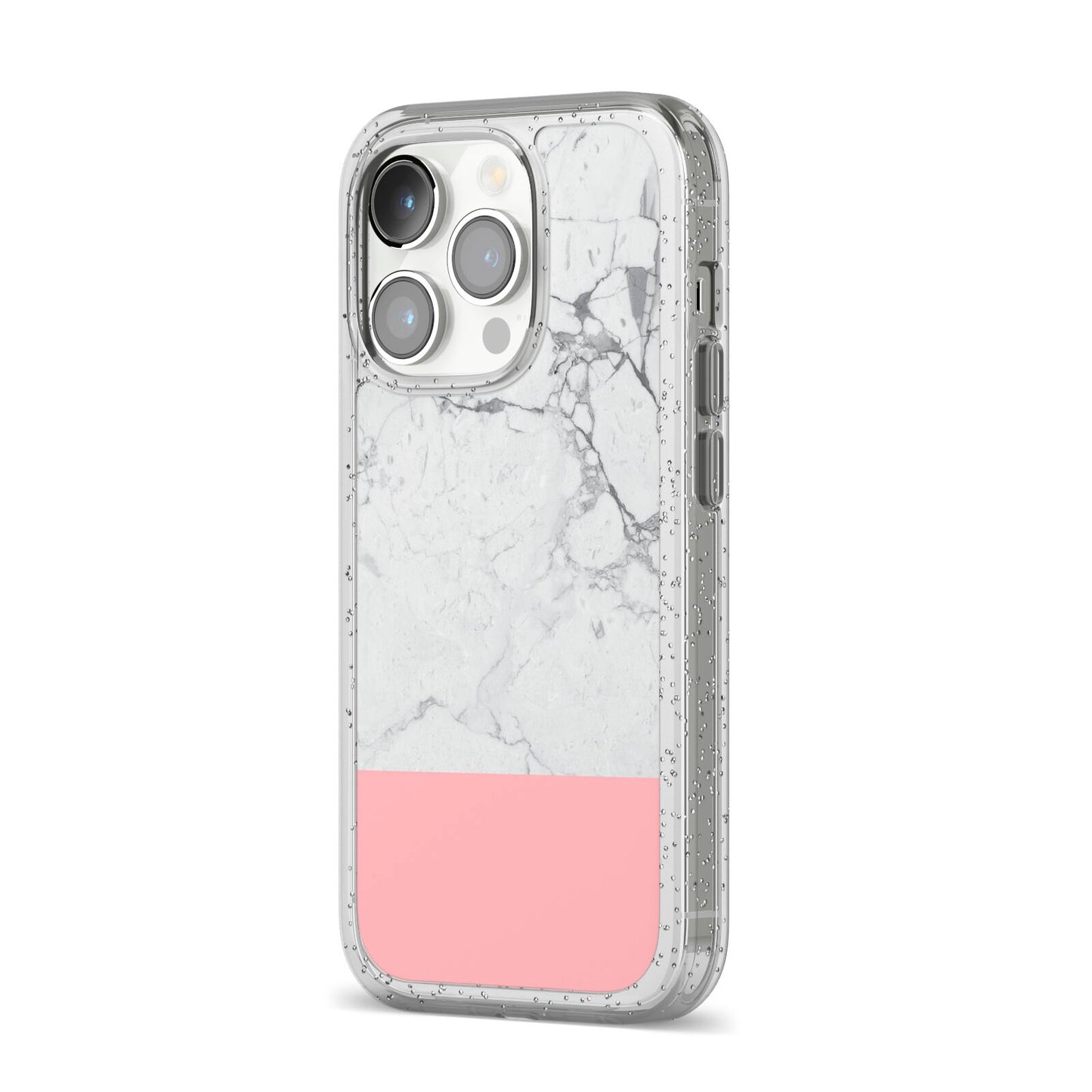 Marble White Carrara Pink iPhone 14 Pro Glitter Tough Case Silver Angled Image