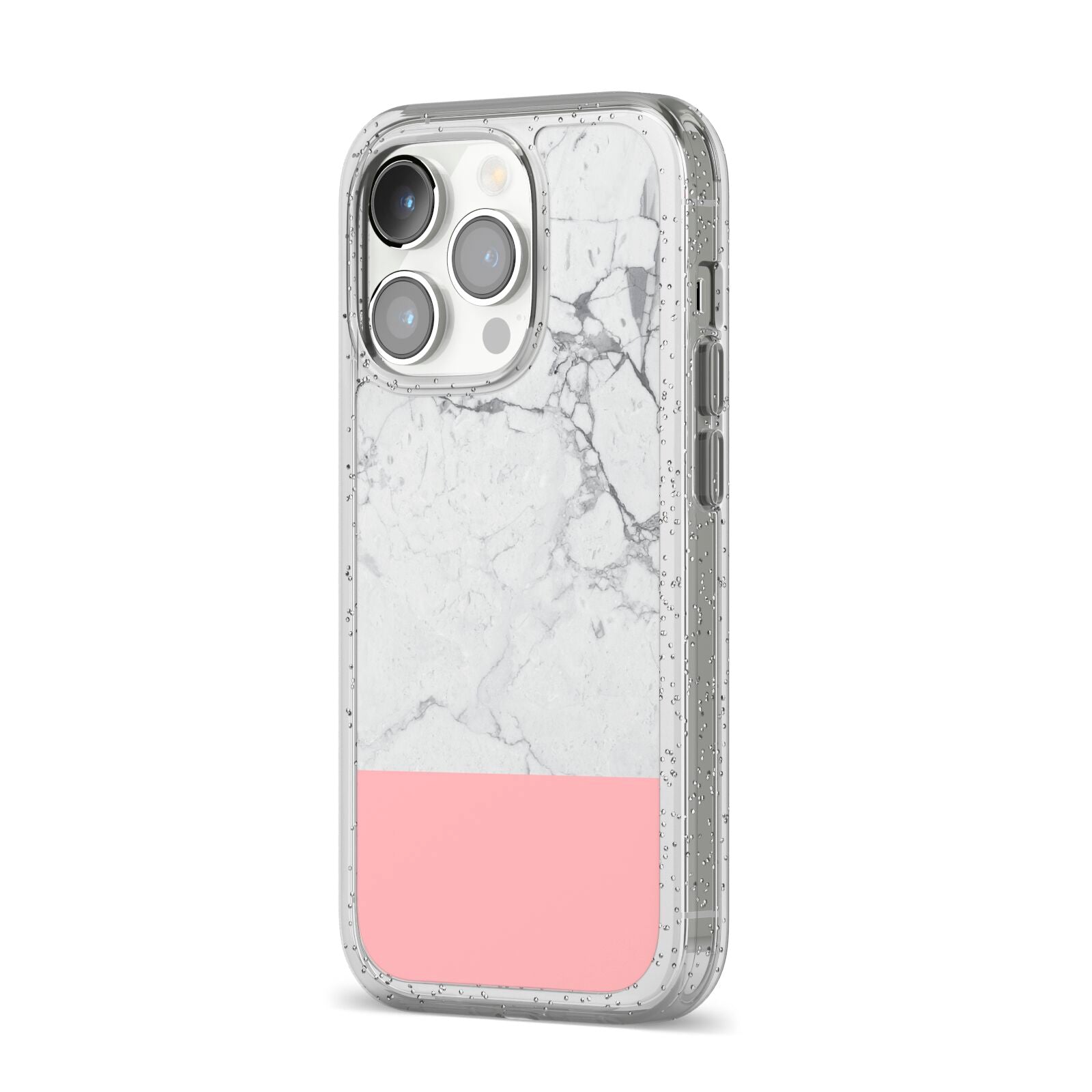 Marble White Carrara Pink iPhone 14 Pro Glitter Tough Case Silver Angled Image