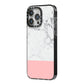 Marble White Carrara Pink iPhone 14 Pro Max Black Impact Case Side Angle on Silver phone