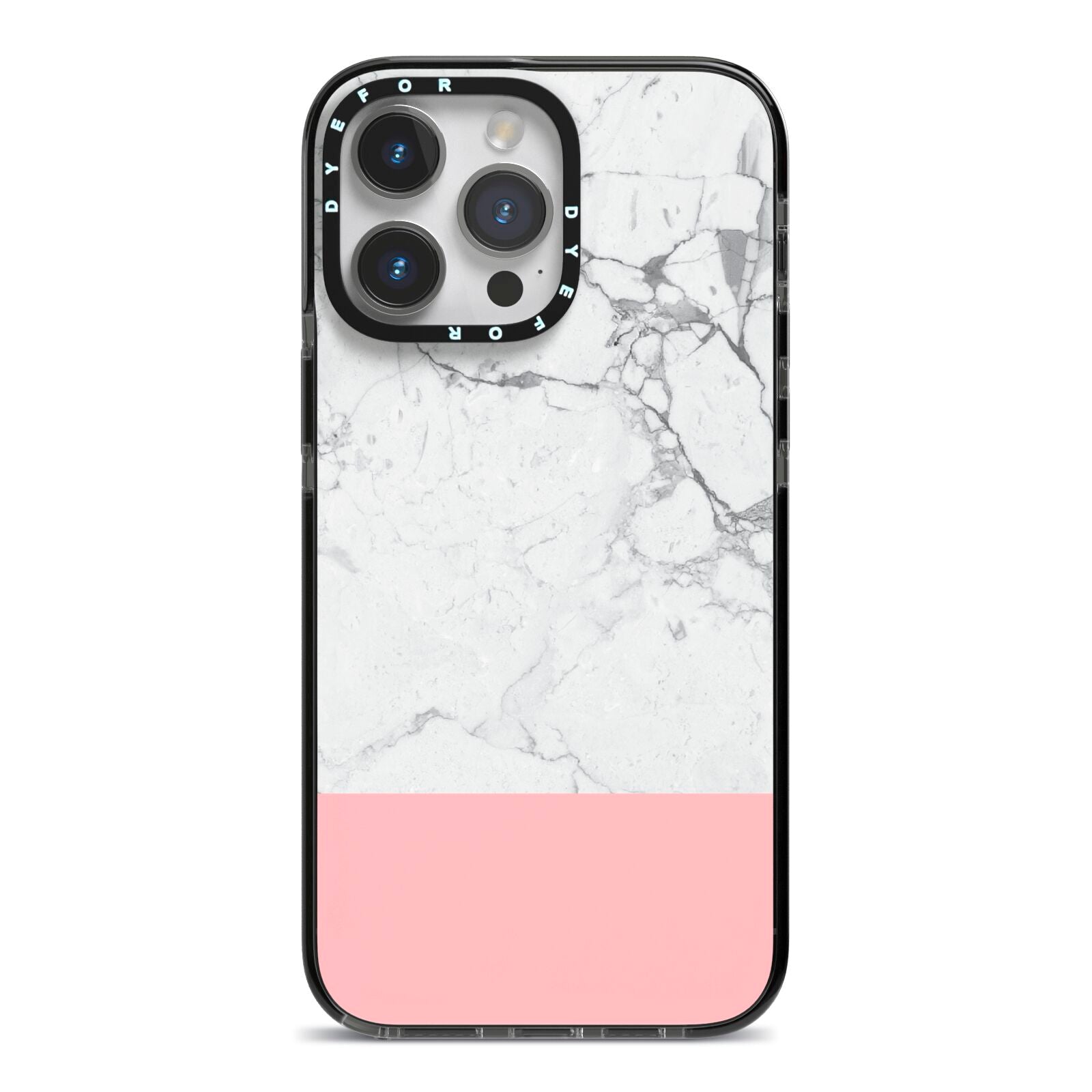 Marble White Carrara Pink iPhone 14 Pro Max Black Impact Case on Silver phone