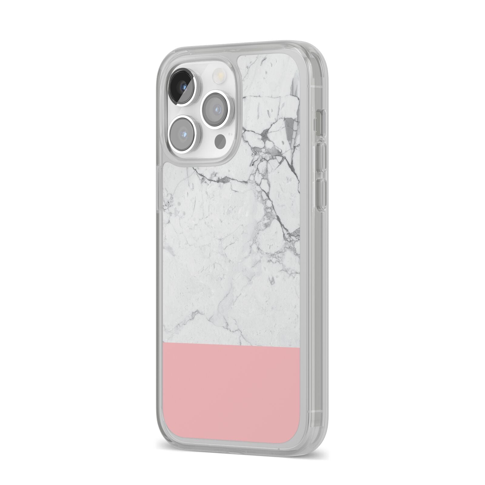 Marble White Carrara Pink iPhone 14 Pro Max Clear Tough Case Silver Angled Image