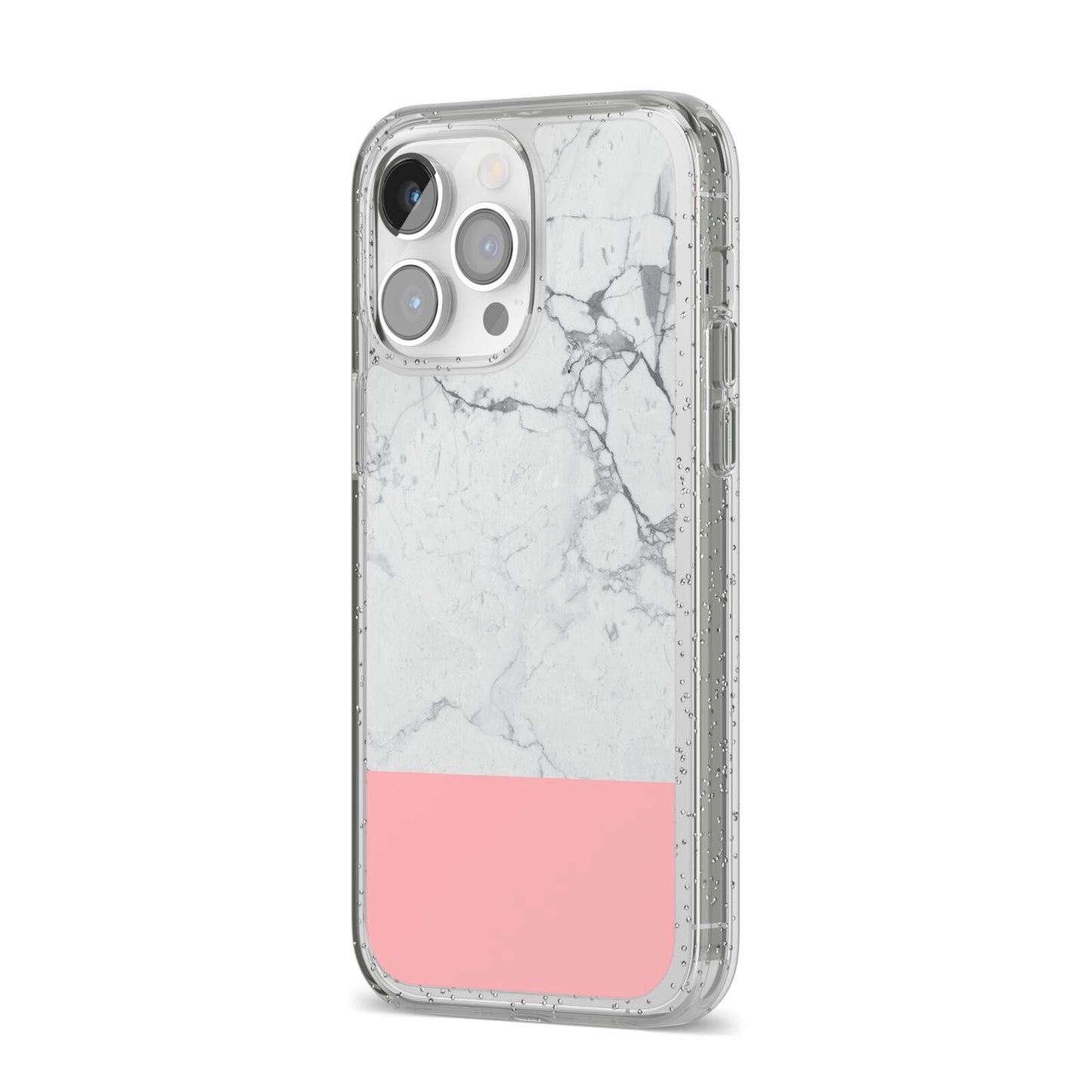 Marble White Carrara Pink iPhone 14 Pro Max Glitter Tough Case Silver Angled Image