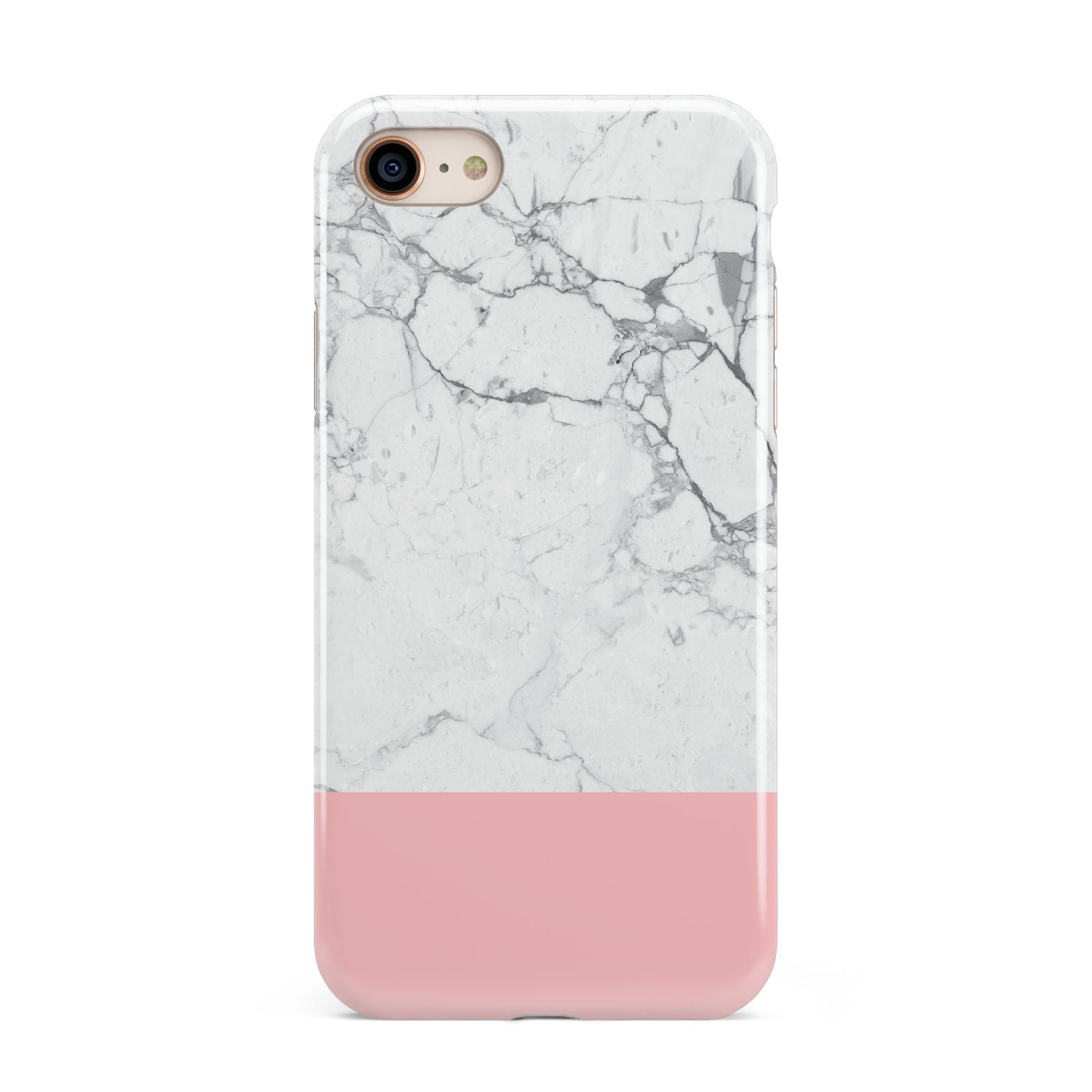 Marble White Carrara Pink iPhone 8 3D Tough Case on Gold Phone