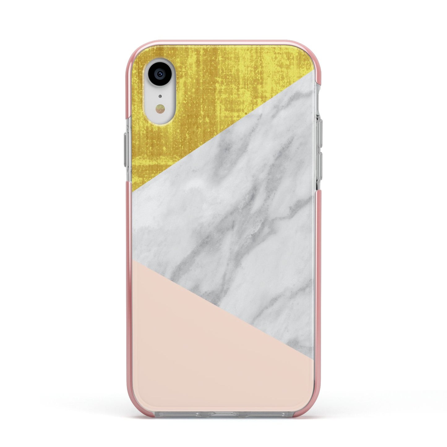 Marble White Gold Foil Peach Apple iPhone XR Impact Case Pink Edge on Silver Phone