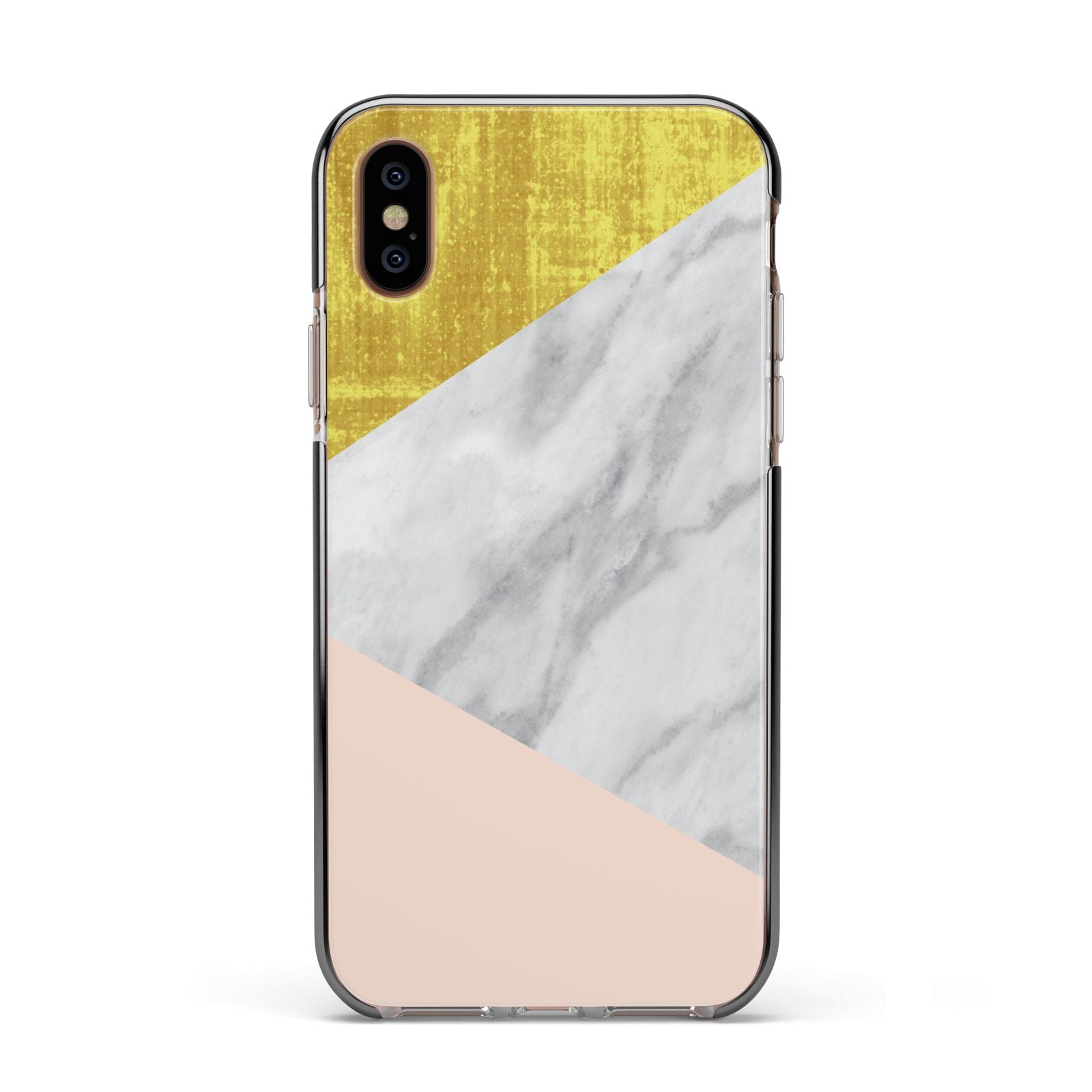 Marble White Gold Foil Peach Apple iPhone Xs Impact Case Black Edge on Gold Phone