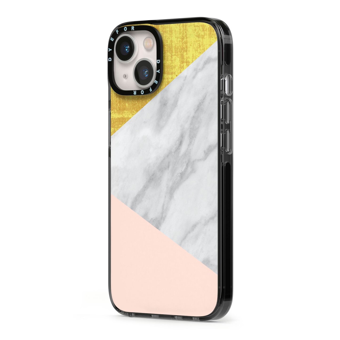 Marble White Gold Foil Peach iPhone 13 Black Impact Case Side Angle on Silver phone