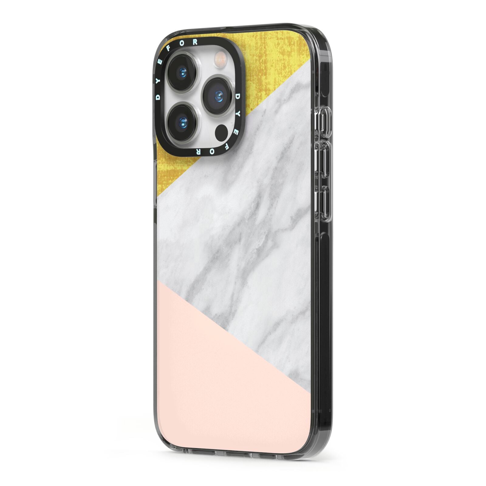 Marble White Gold Foil Peach iPhone 13 Pro Black Impact Case Side Angle on Silver phone