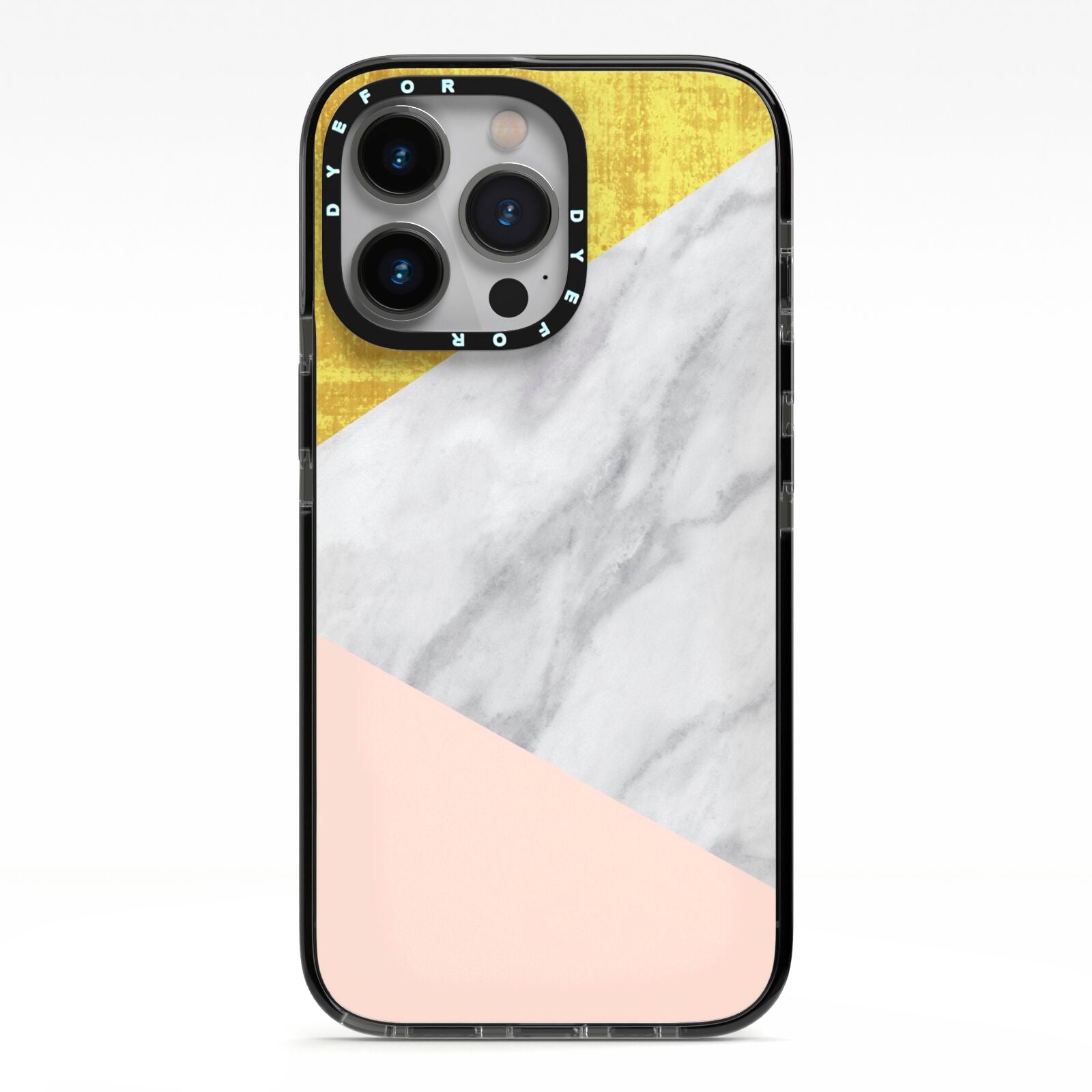 Marble White Gold Foil Peach iPhone 13 Pro Black Impact Case on Silver phone