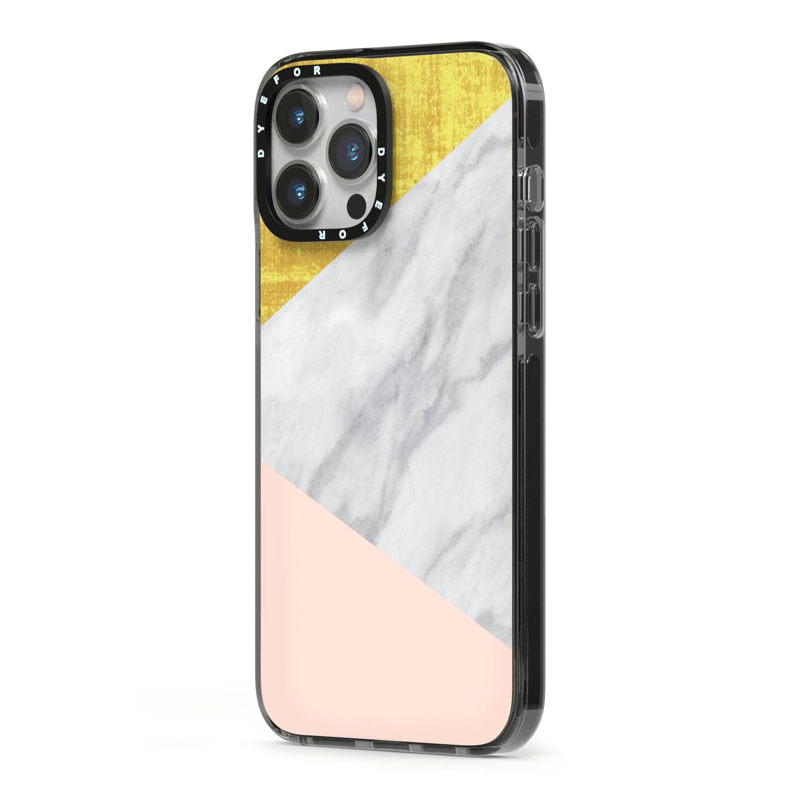 Marble White Gold Foil Peach iPhone 13 Pro Max Black Impact Case Side Angle on Silver phone