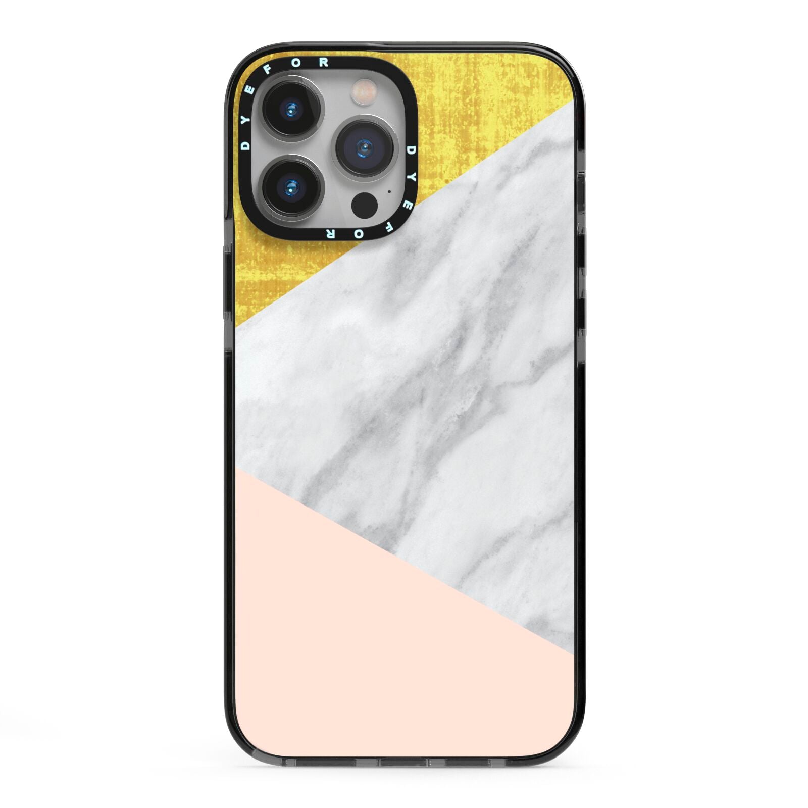 Marble White Gold Foil Peach iPhone 13 Pro Max Black Impact Case on Silver phone