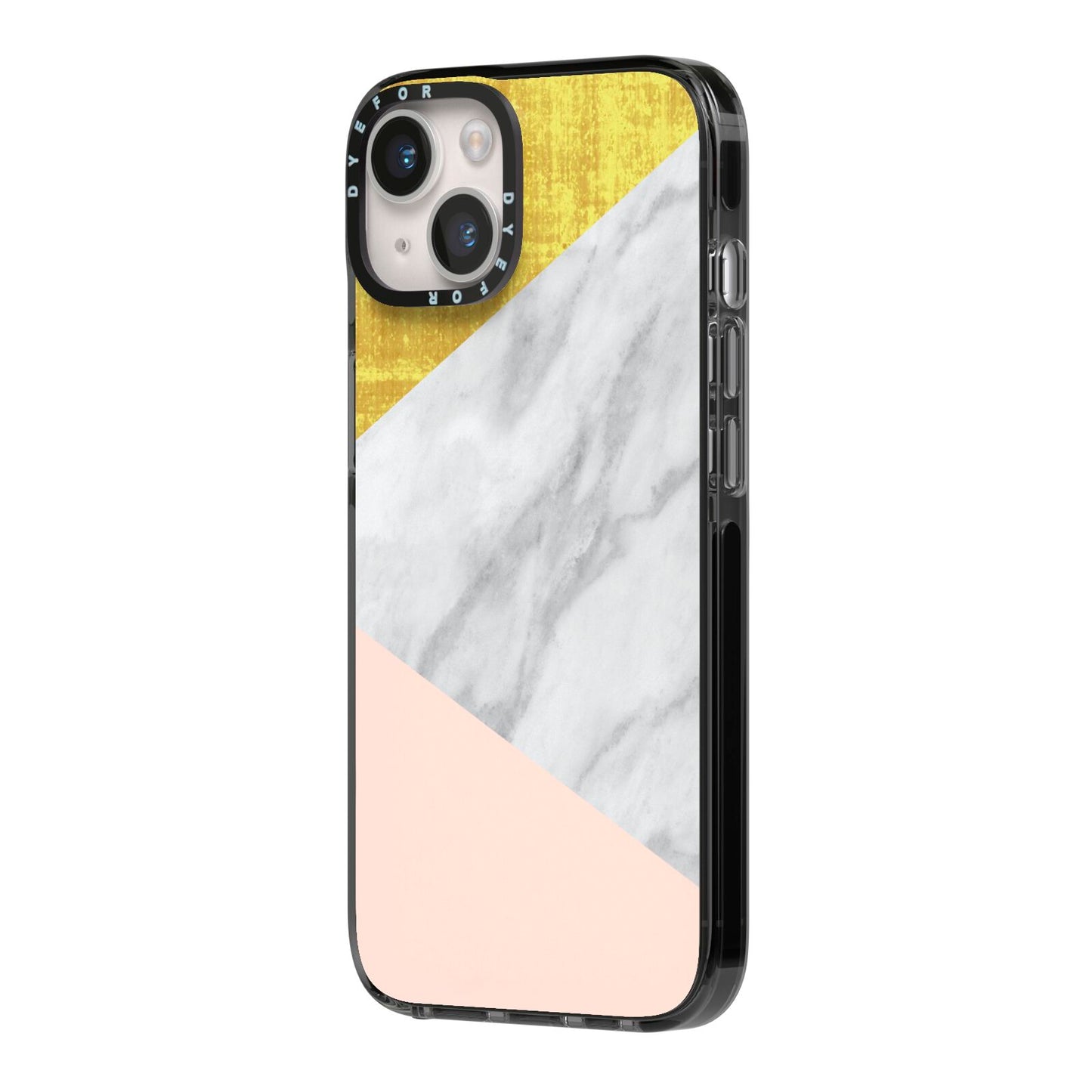 Marble White Gold Foil Peach iPhone 14 Black Impact Case Side Angle on Silver phone