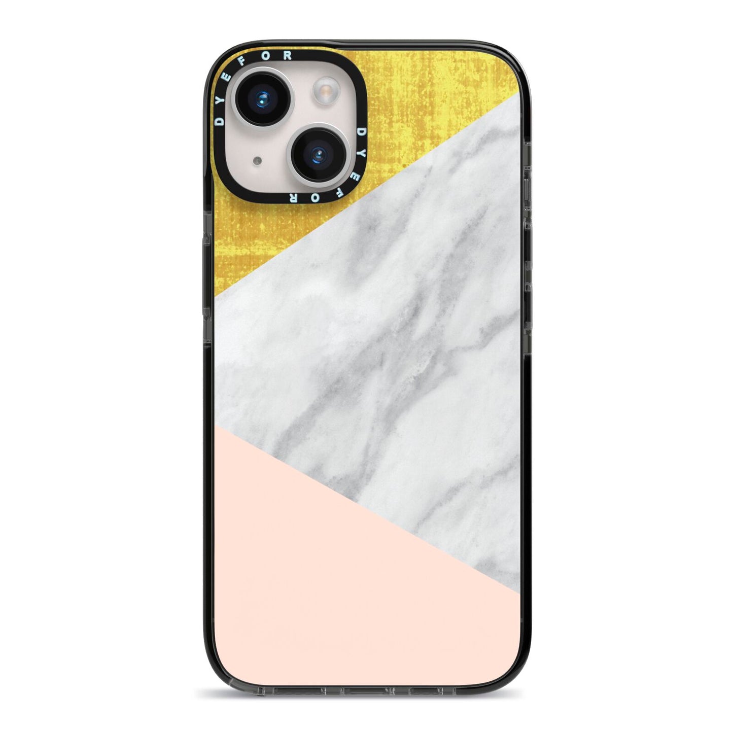 Marble White Gold Foil Peach iPhone 14 Black Impact Case on Silver phone