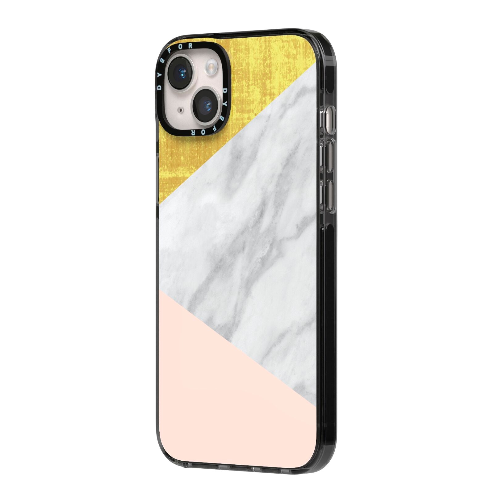 Marble White Gold Foil Peach iPhone 14 Plus Black Impact Case Side Angle on Silver phone