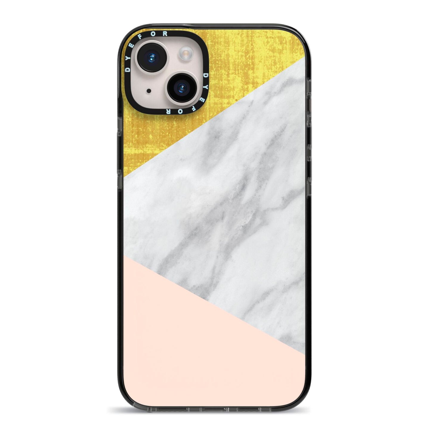 Marble White Gold Foil Peach iPhone 14 Plus Black Impact Case on Silver phone