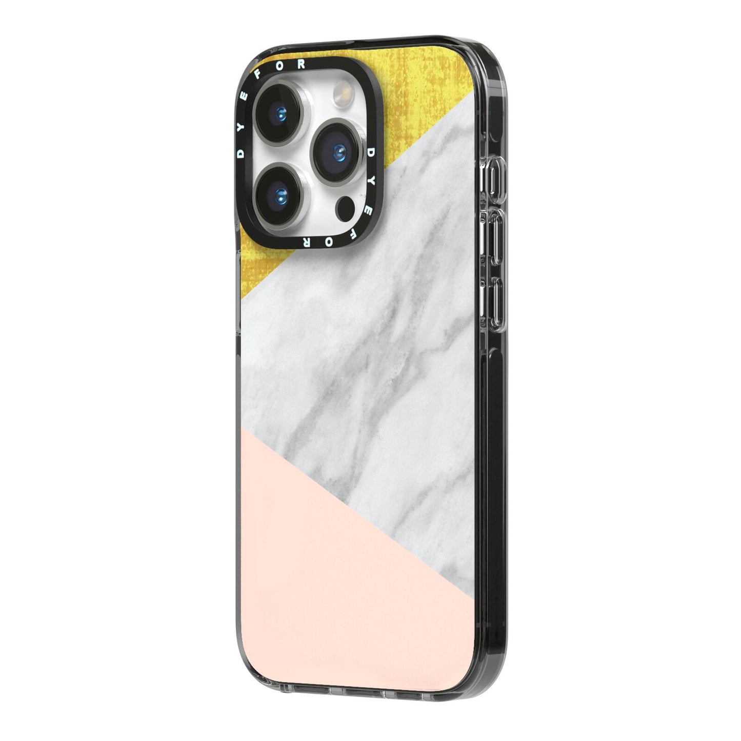 Marble White Gold Foil Peach iPhone 14 Pro Black Impact Case Side Angle on Silver phone