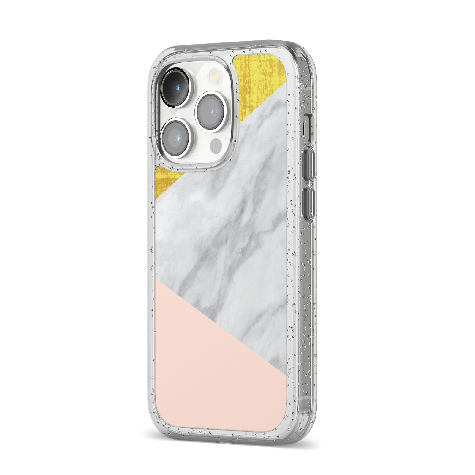 Marble White Gold Foil Peach iPhone 14 Pro Glitter Tough Case Silver Angled Image