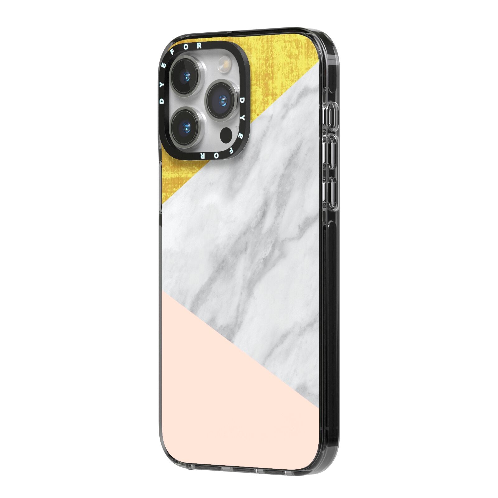 Marble White Gold Foil Peach iPhone 14 Pro Max Black Impact Case Side Angle on Silver phone