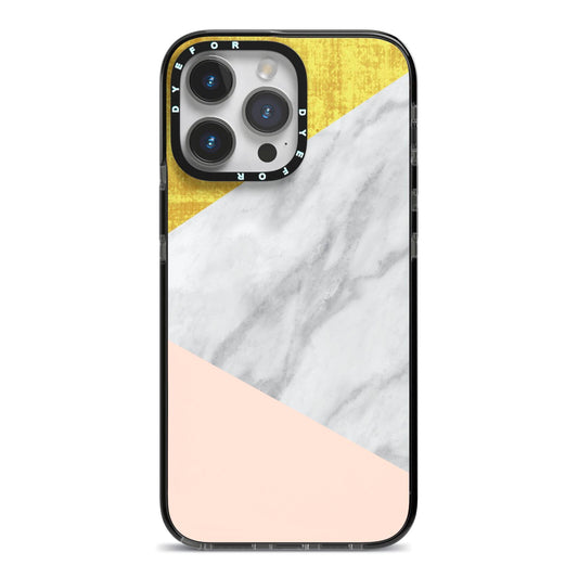 Marble White Gold Foil Peach iPhone 14 Pro Max Black Impact Case on Silver phone