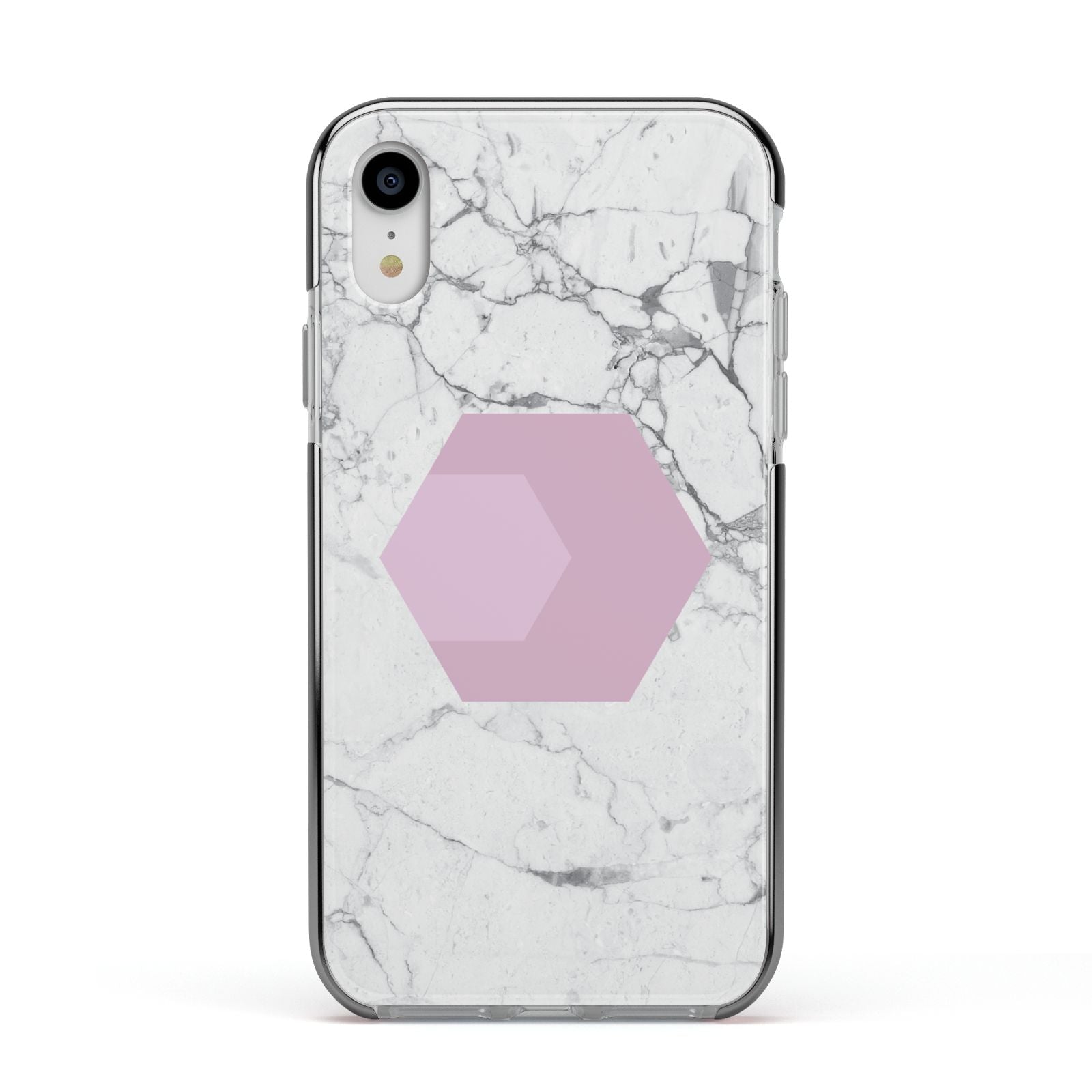 Marble White Grey Carrara Apple iPhone XR Impact Case Black Edge on Silver Phone