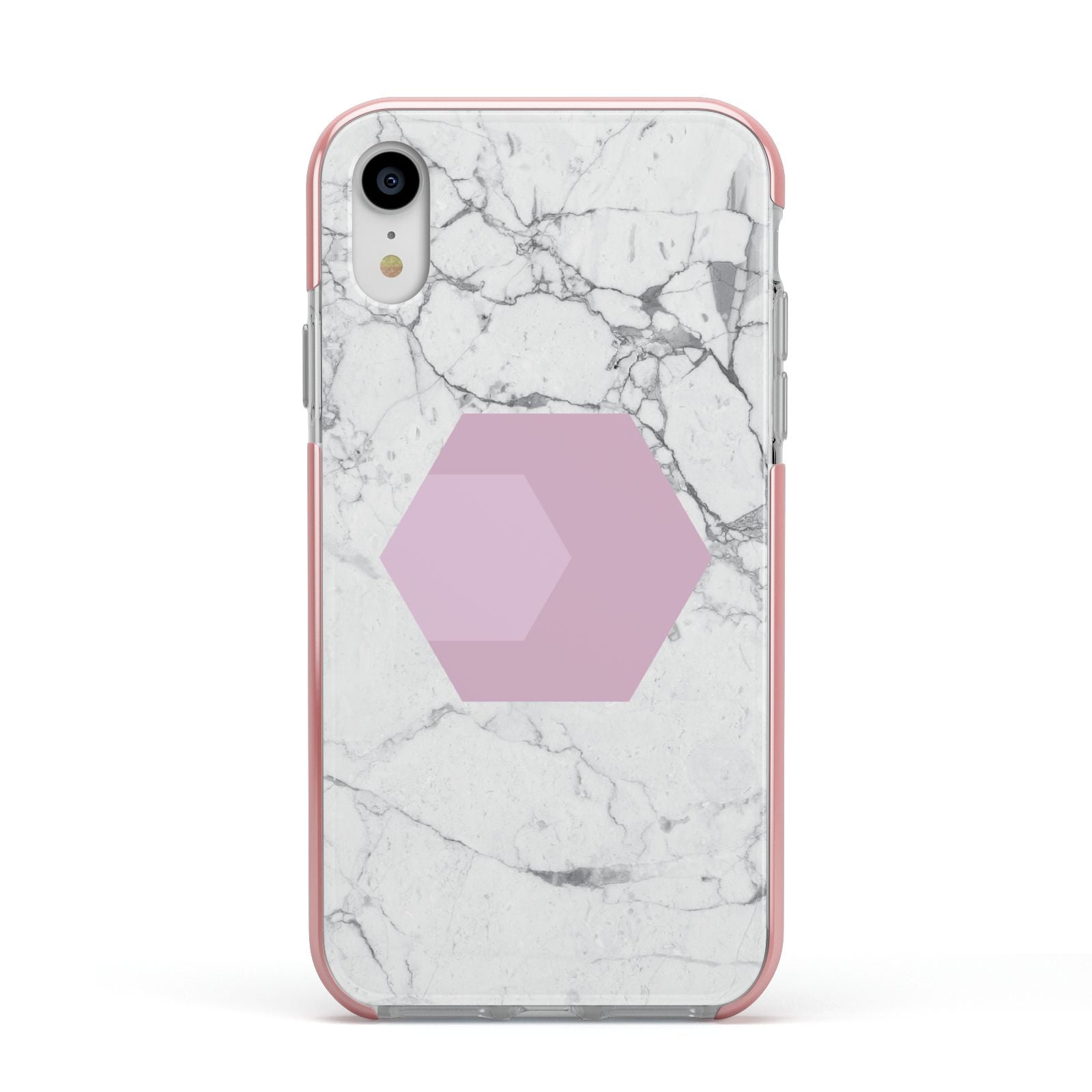 Marble White Grey Carrara Apple iPhone XR Impact Case Pink Edge on Silver Phone
