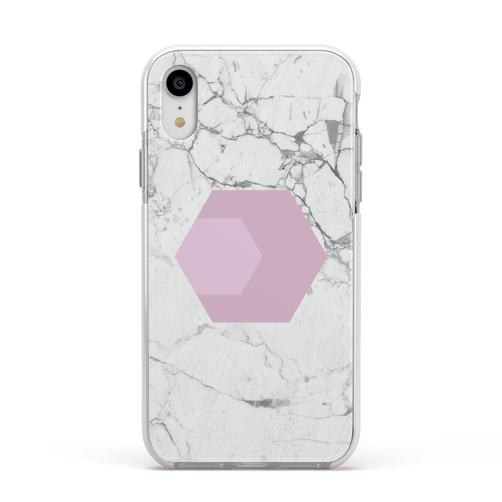 Marble White Grey Carrara Apple iPhone XR Impact Case White Edge on Silver Phone