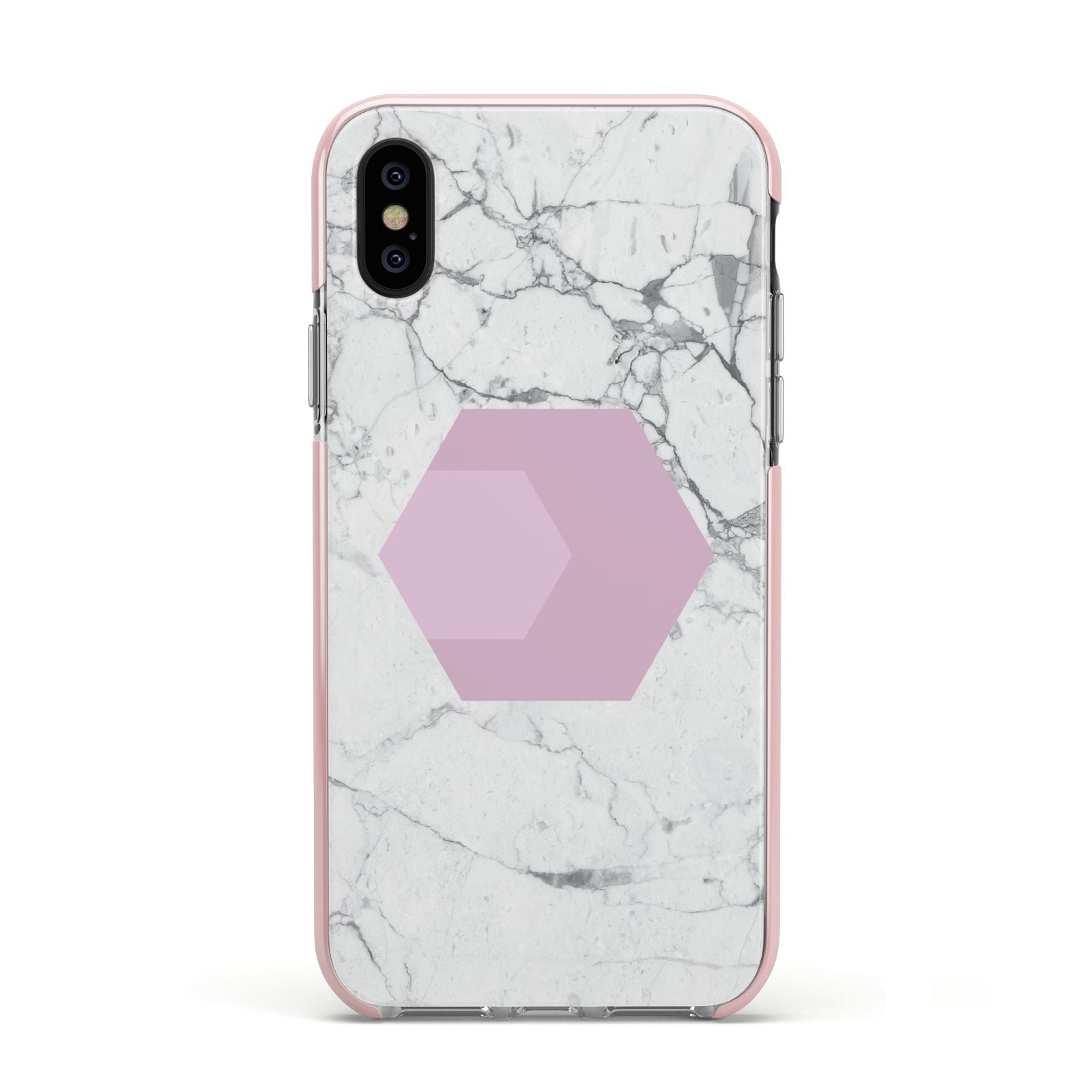 Marble White Grey Carrara Apple iPhone Xs Impact Case Pink Edge on Black Phone