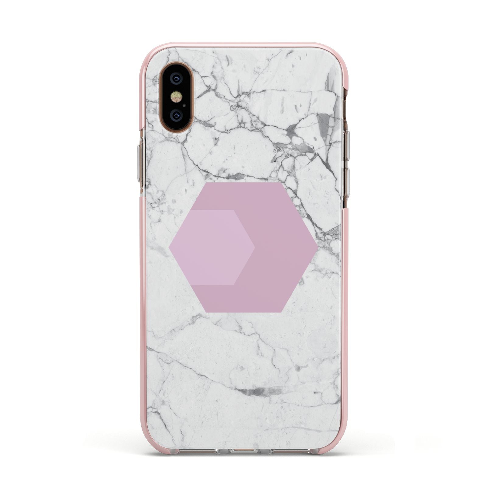 Marble White Grey Carrara Apple iPhone Xs Impact Case Pink Edge on Gold Phone