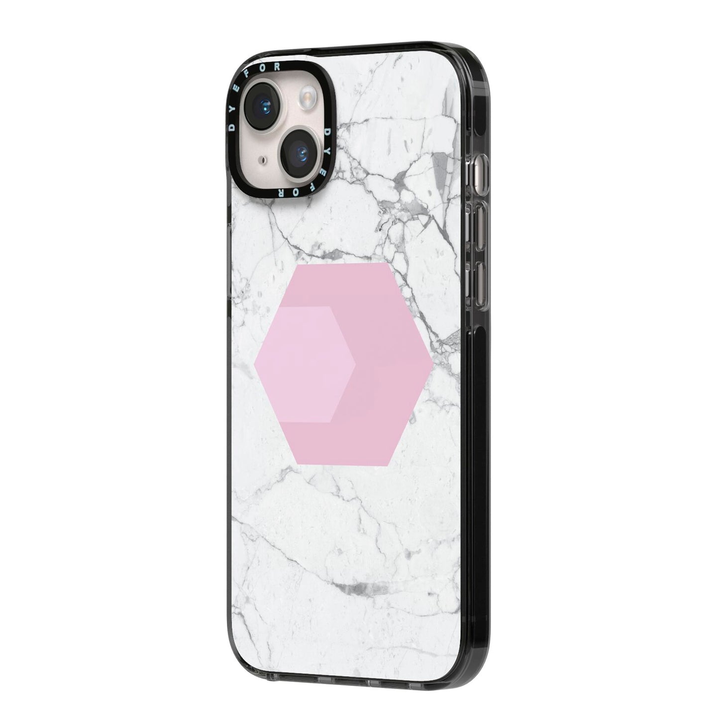 Marble White Grey Carrara iPhone 14 Plus Black Impact Case Side Angle on Silver phone