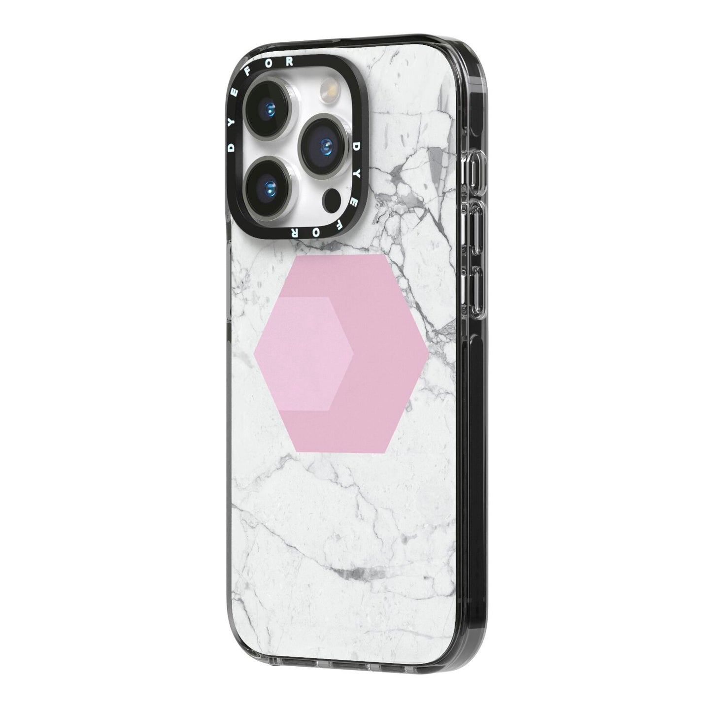 Marble White Grey Carrara iPhone 14 Pro Black Impact Case Side Angle on Silver phone