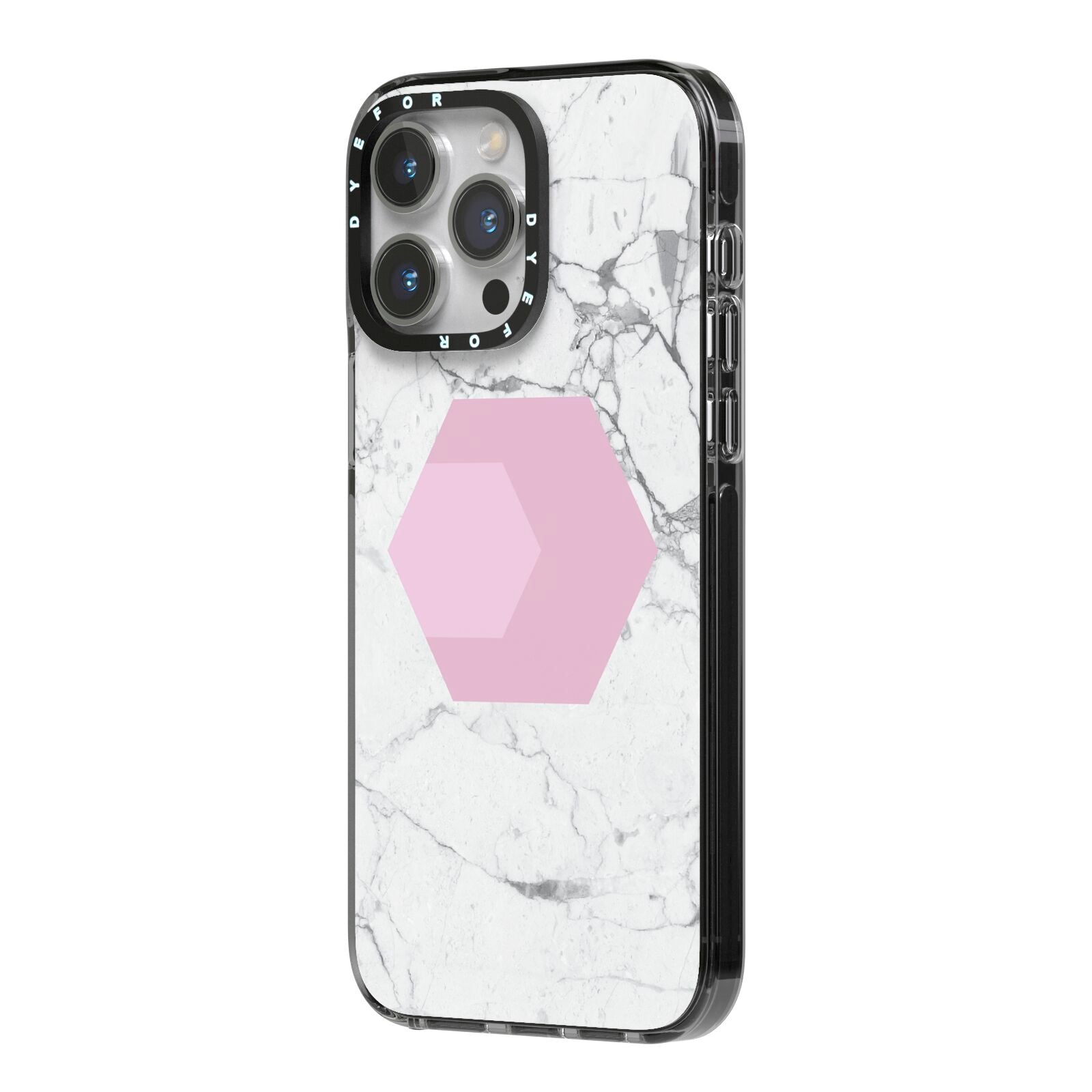 Marble White Grey Carrara iPhone 14 Pro Max Black Impact Case Side Angle on Silver phone