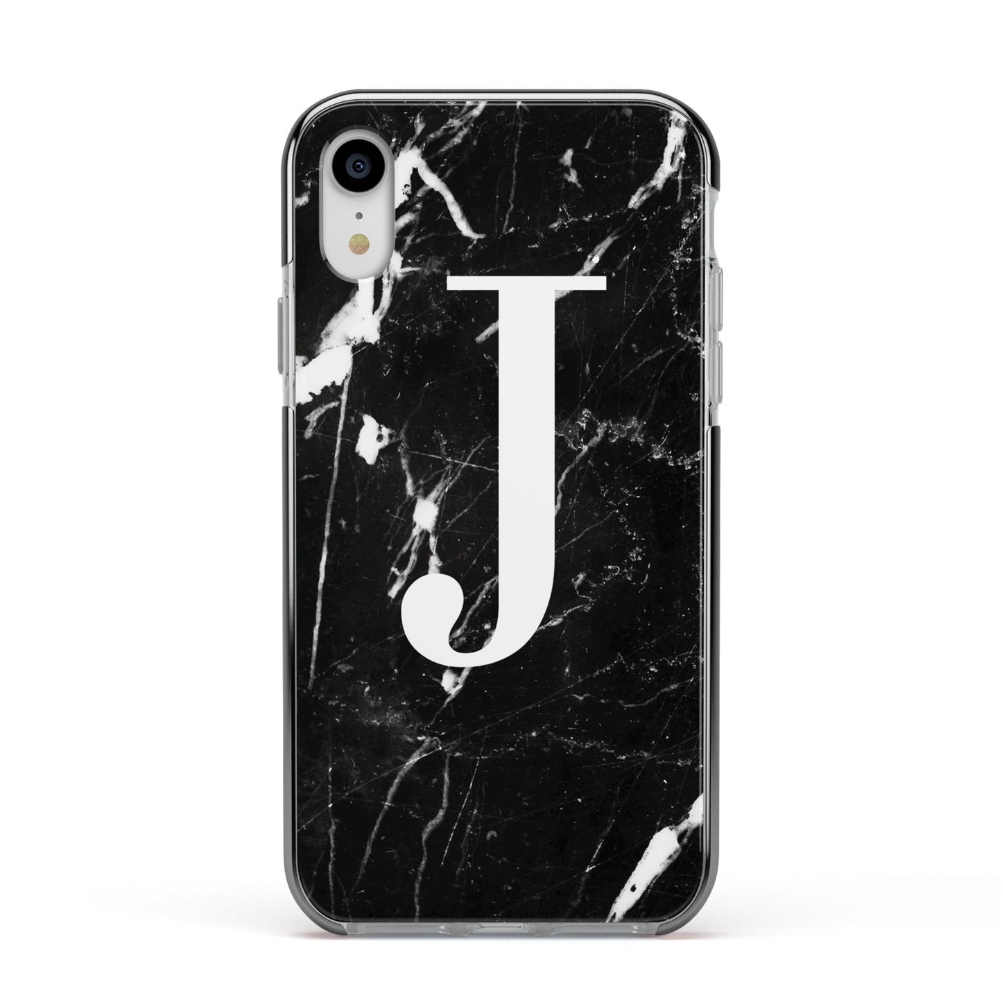 Marble White Initial Personalised Apple iPhone XR Impact Case Black Edge on Silver Phone
