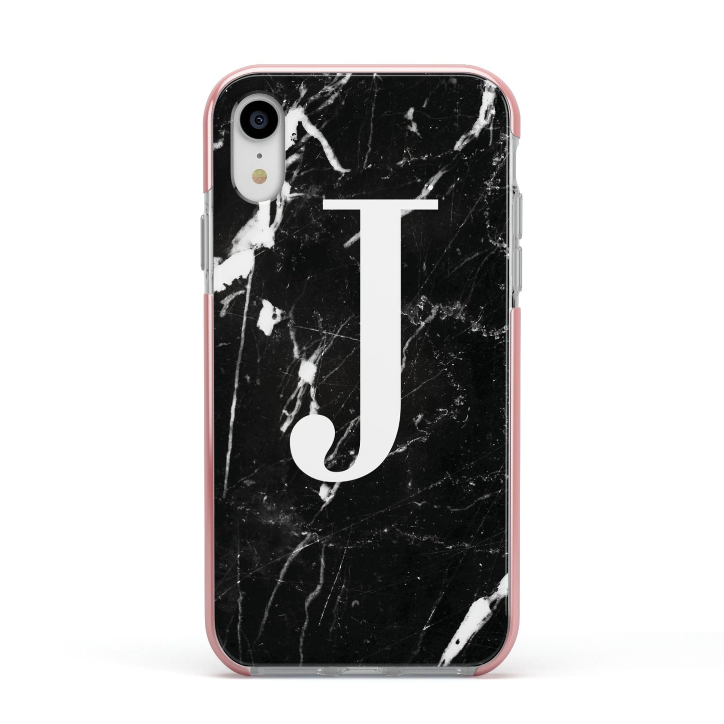 Marble White Initial Personalised Apple iPhone XR Impact Case Pink Edge on Silver Phone