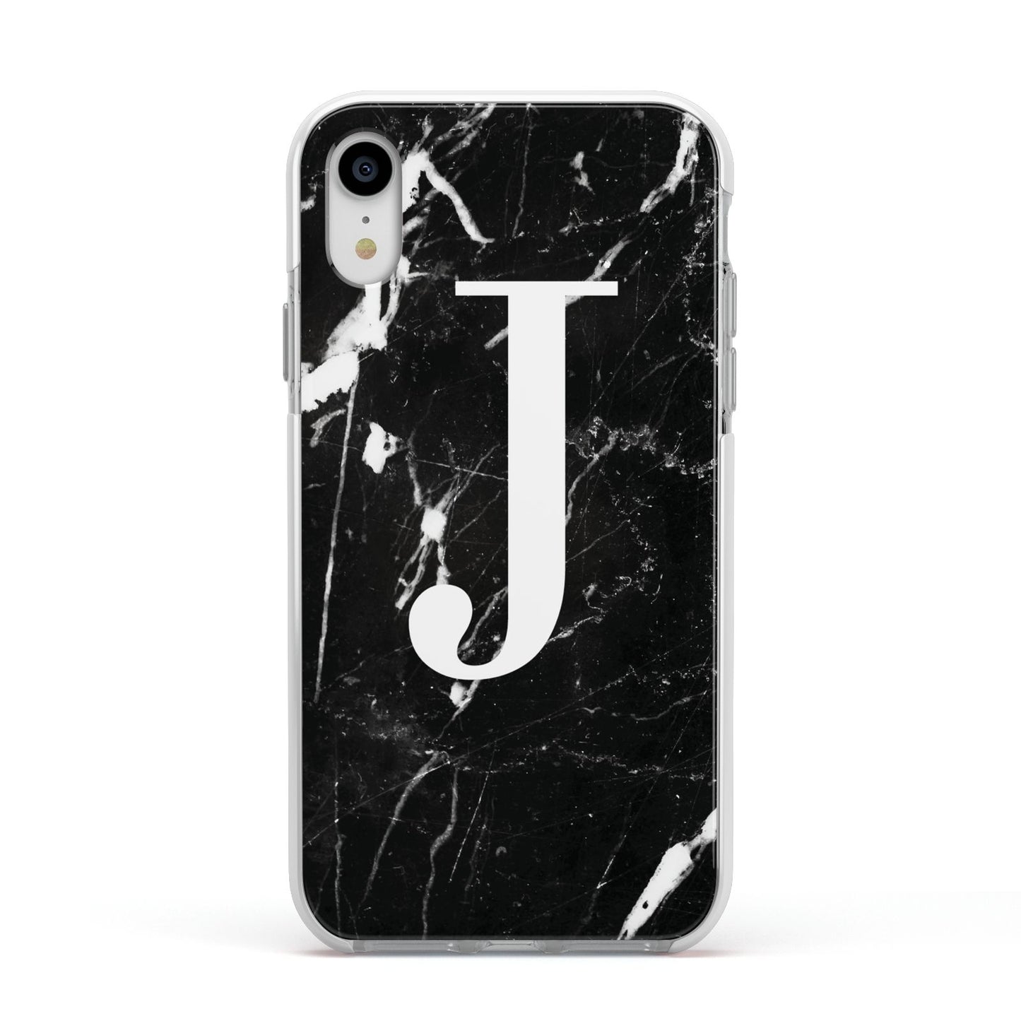 Marble White Initial Personalised Apple iPhone XR Impact Case White Edge on Silver Phone