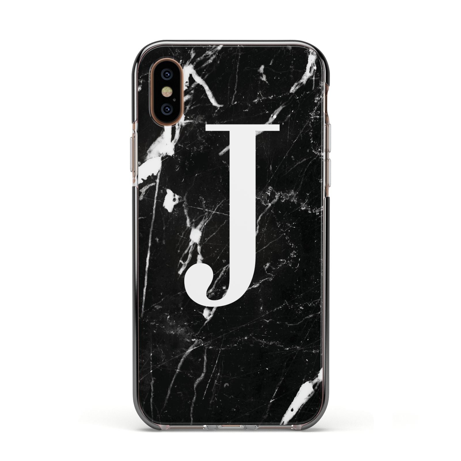 Marble White Initial Personalised Apple iPhone Xs Impact Case Black Edge on Gold Phone