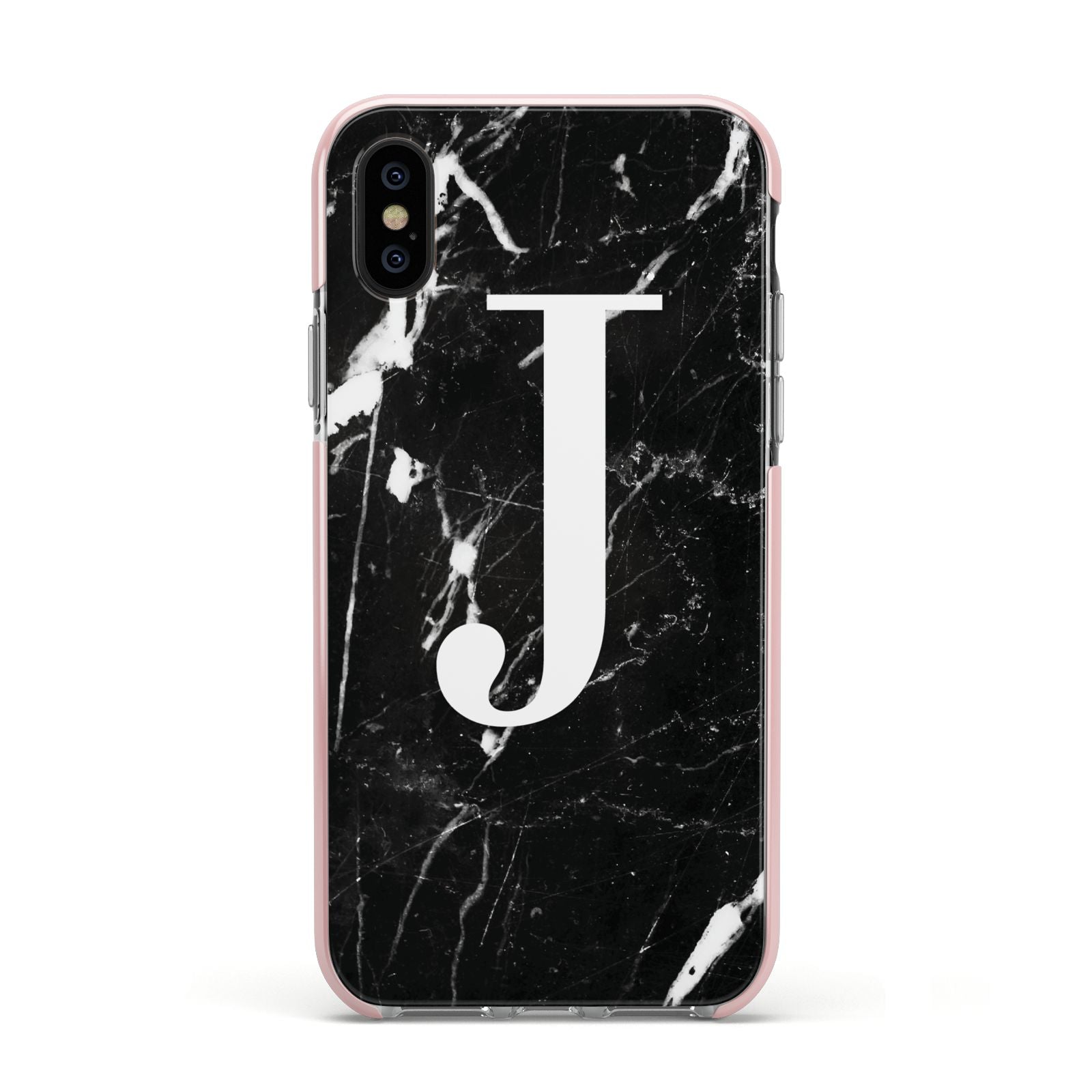 Marble White Initial Personalised Apple iPhone Xs Impact Case Pink Edge on Black Phone