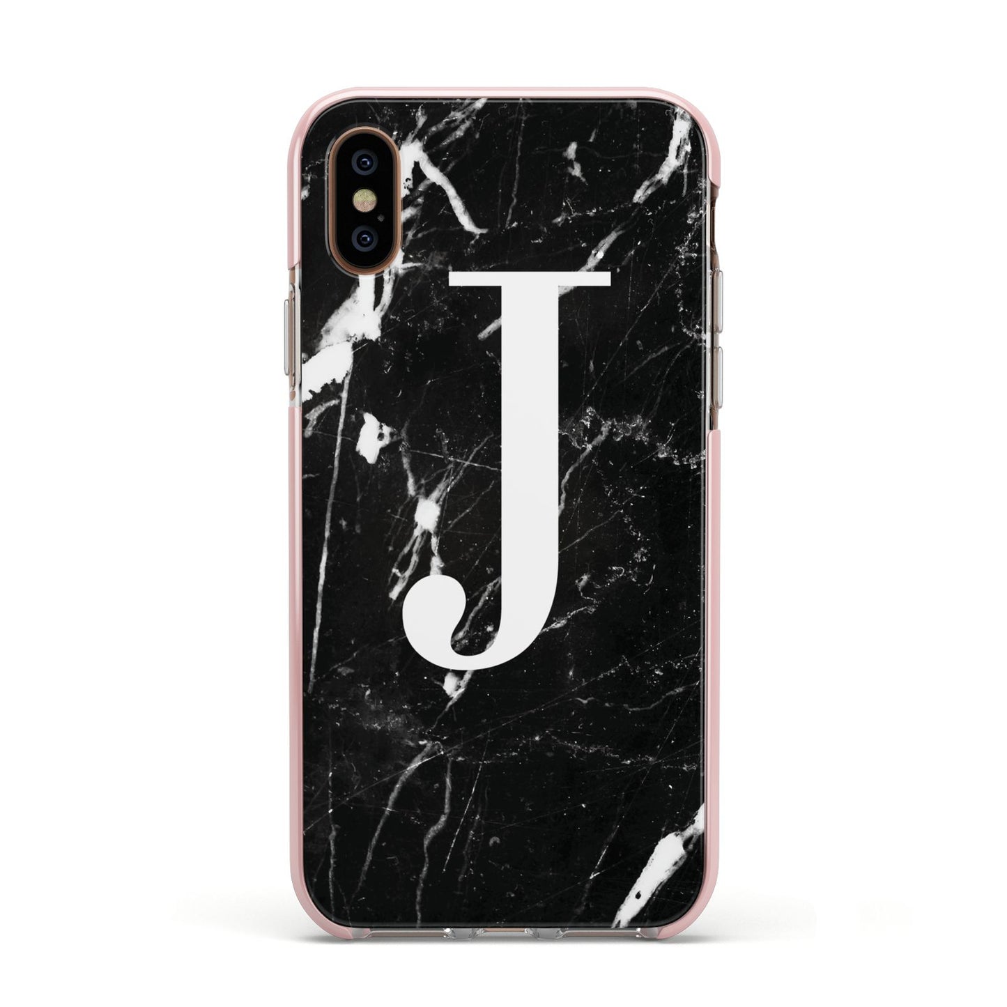 Marble White Initial Personalised Apple iPhone Xs Impact Case Pink Edge on Gold Phone