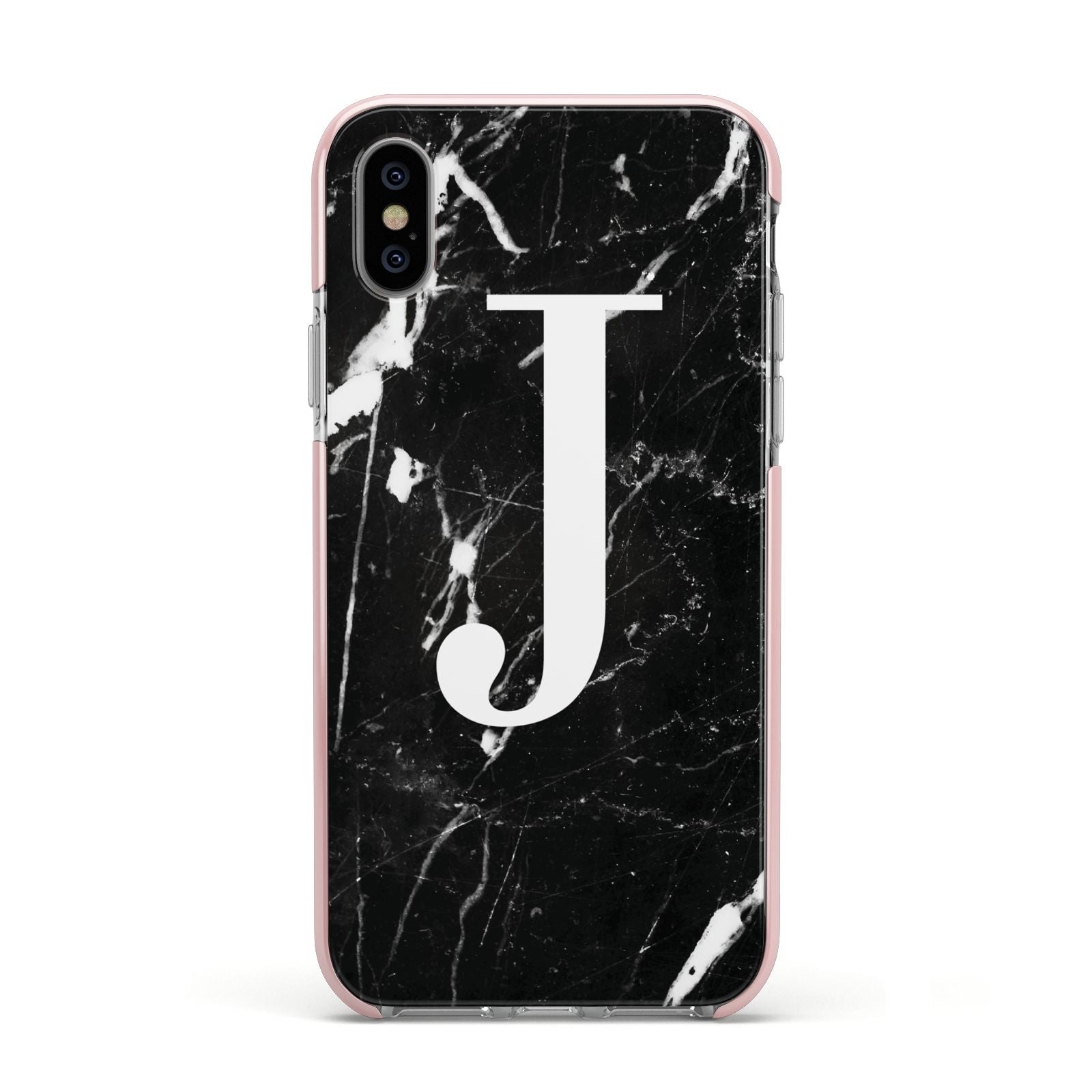 Marble White Initial Personalised Apple iPhone Xs Impact Case Pink Edge on Silver Phone