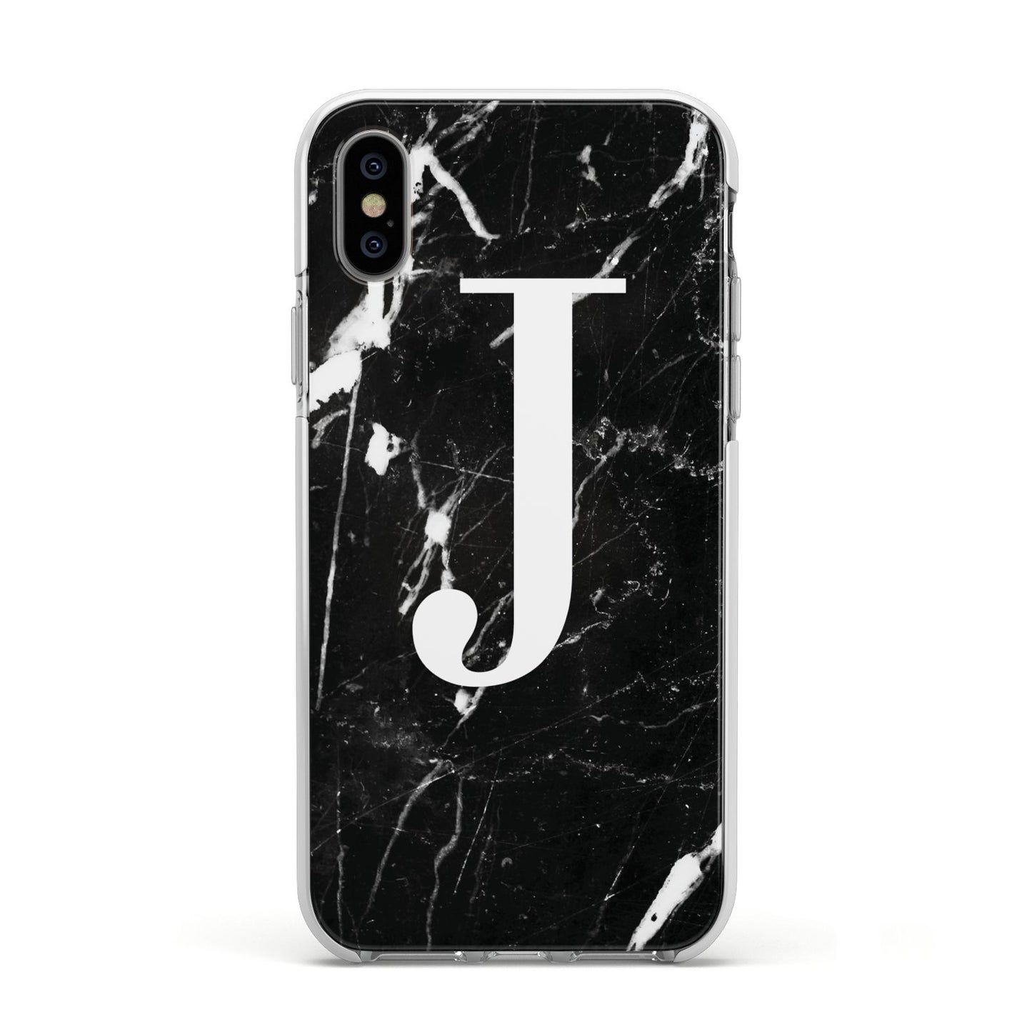 Marble White Initial Personalised Apple iPhone Xs Impact Case White Edge on Silver Phone