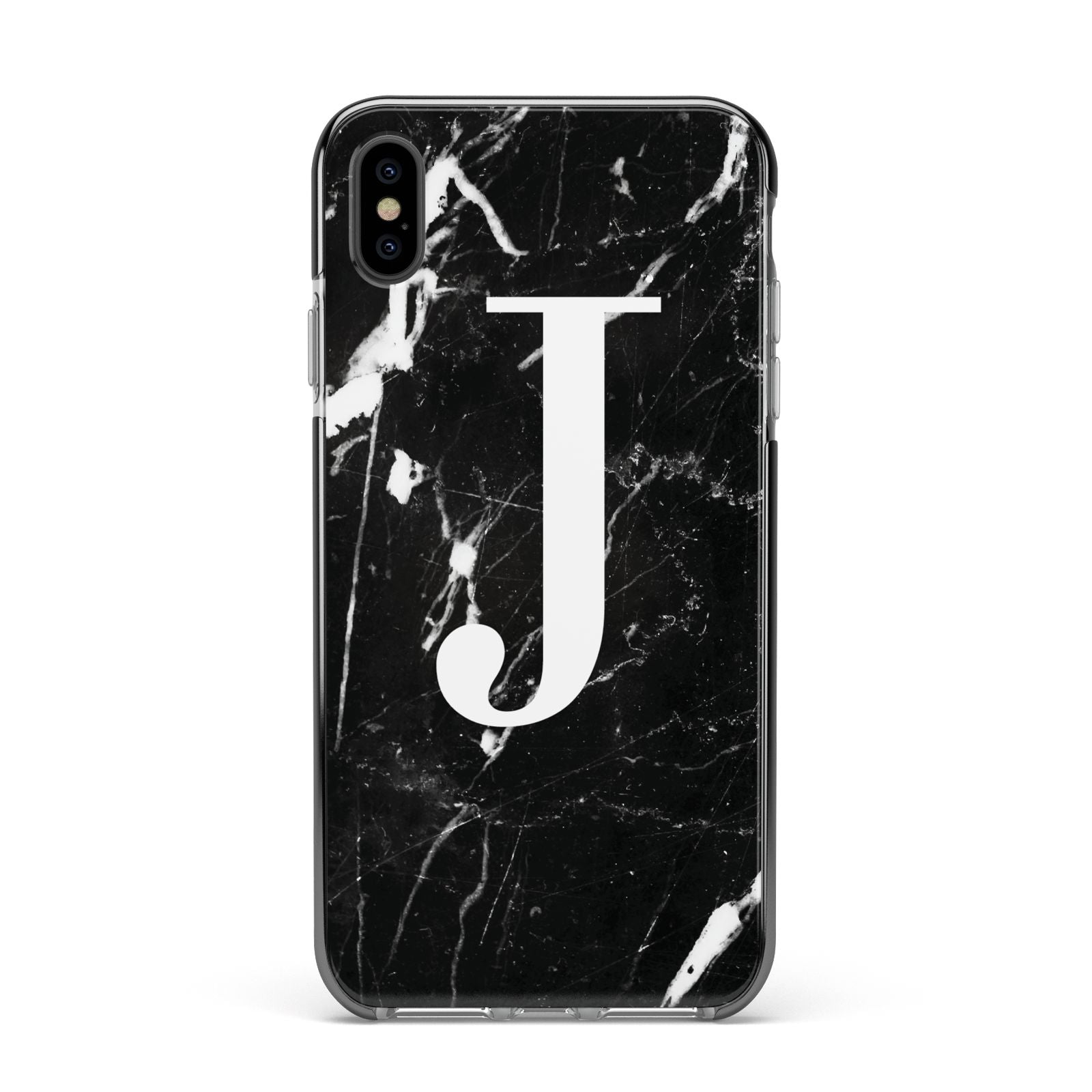 Marble White Initial Personalised Apple iPhone Xs Max Impact Case Black Edge on Black Phone