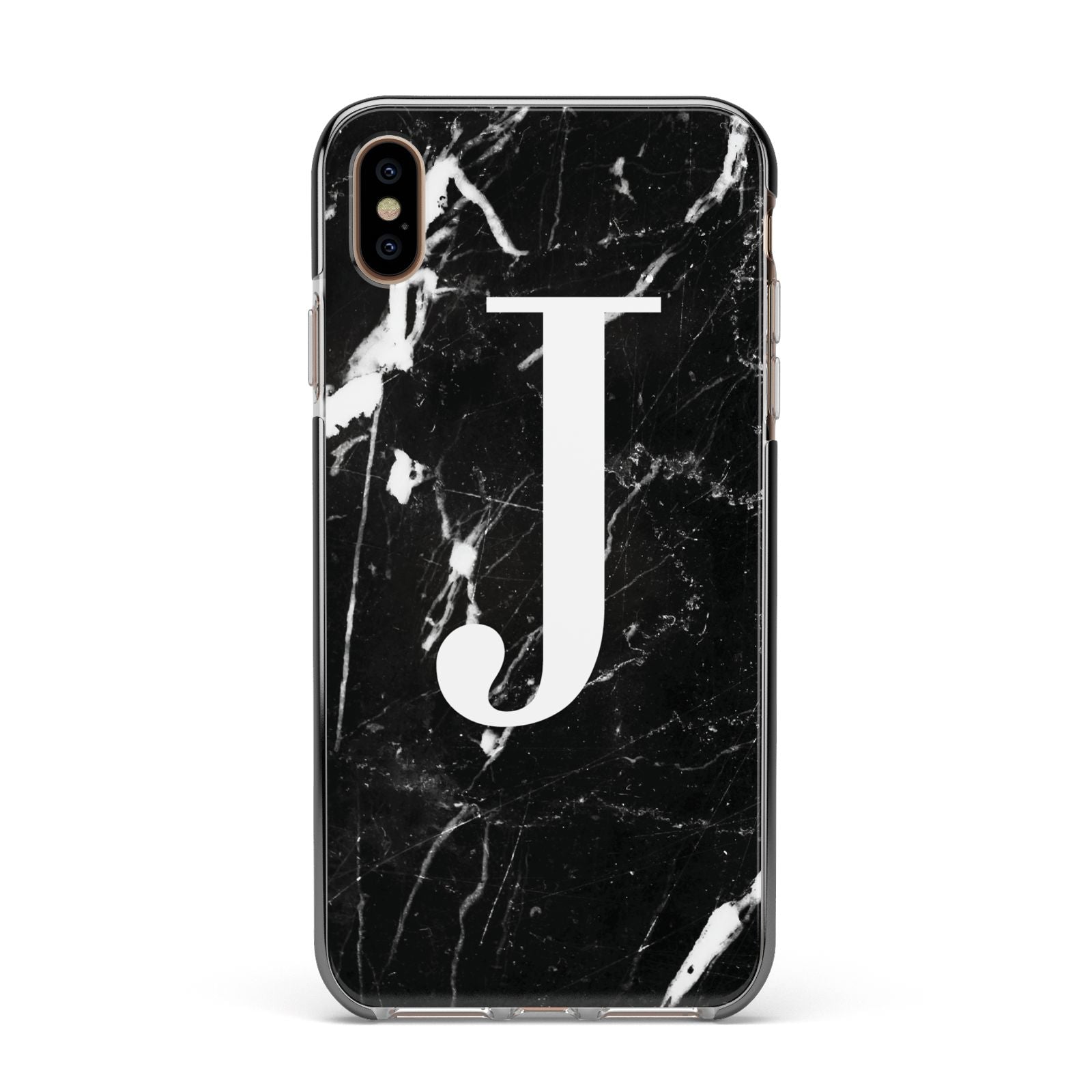 Marble White Initial Personalised Apple iPhone Xs Max Impact Case Black Edge on Gold Phone