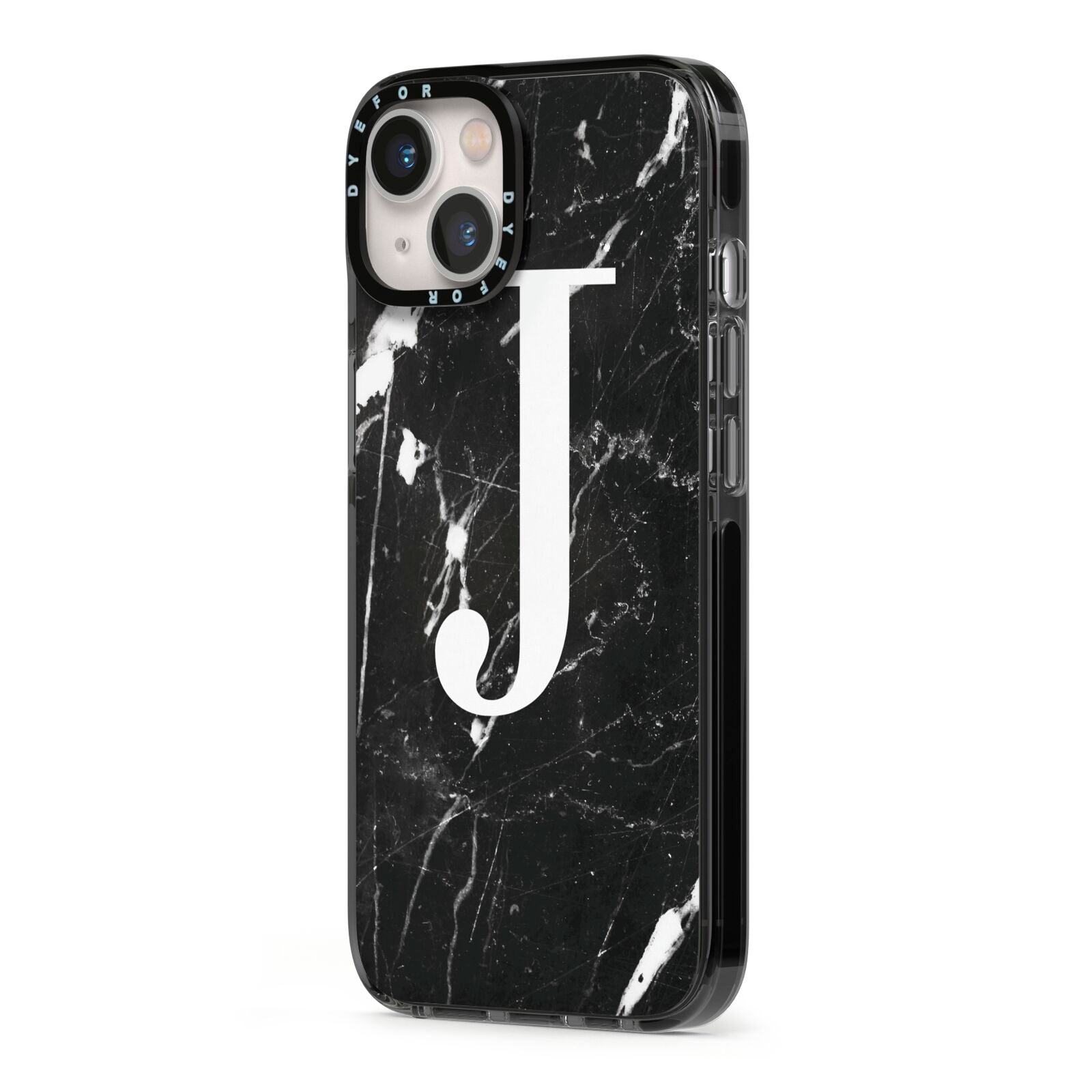 Marble White Initial Personalised iPhone 13 Black Impact Case Side Angle on Silver phone