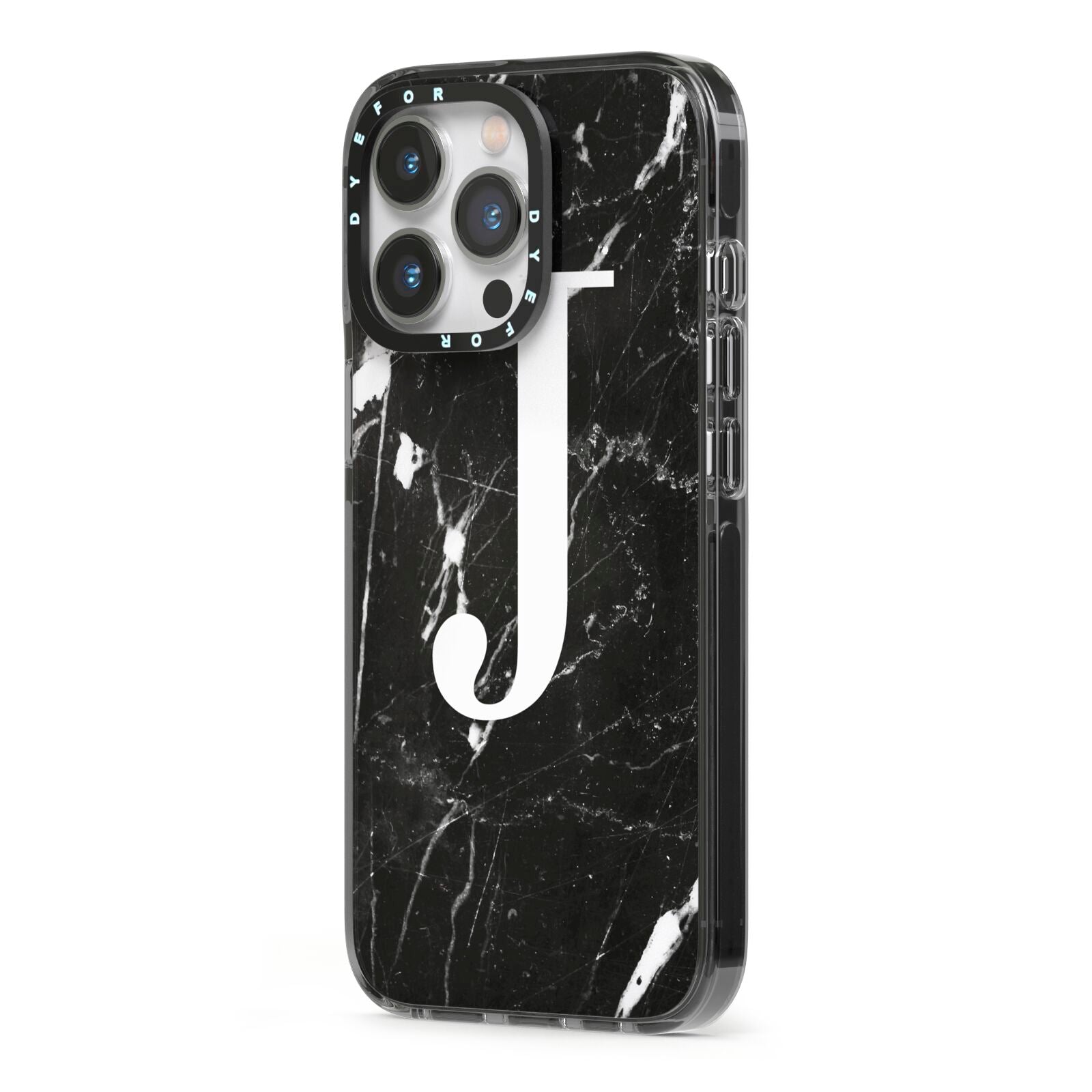 Marble White Initial Personalised iPhone 13 Pro Black Impact Case Side Angle on Silver phone