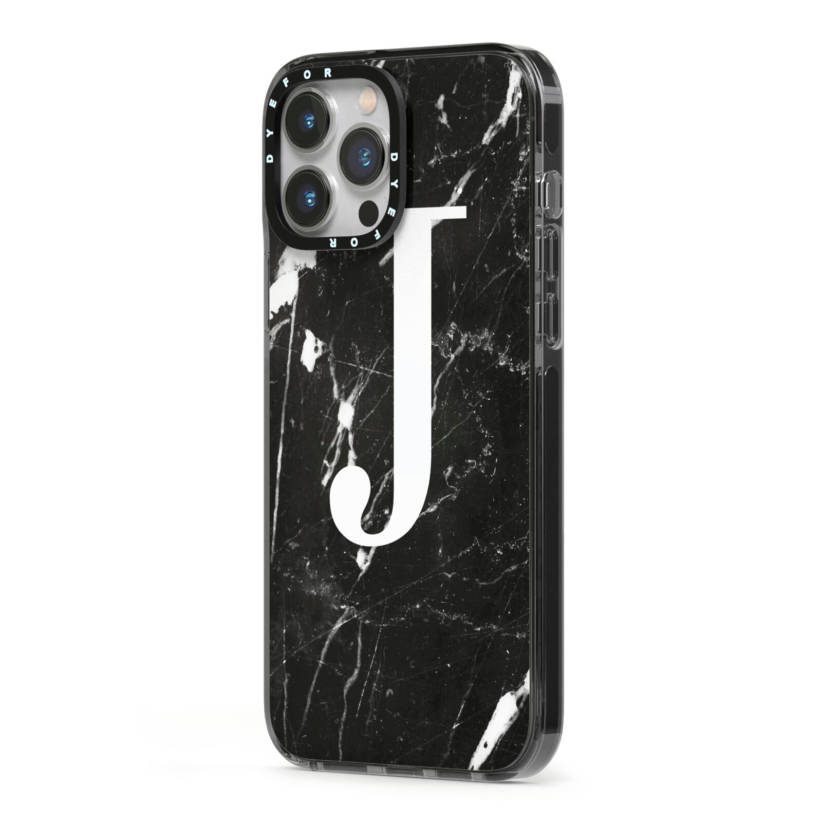 Marble White Initial Personalised iPhone 13 Pro Max Black Impact Case Side Angle on Silver phone
