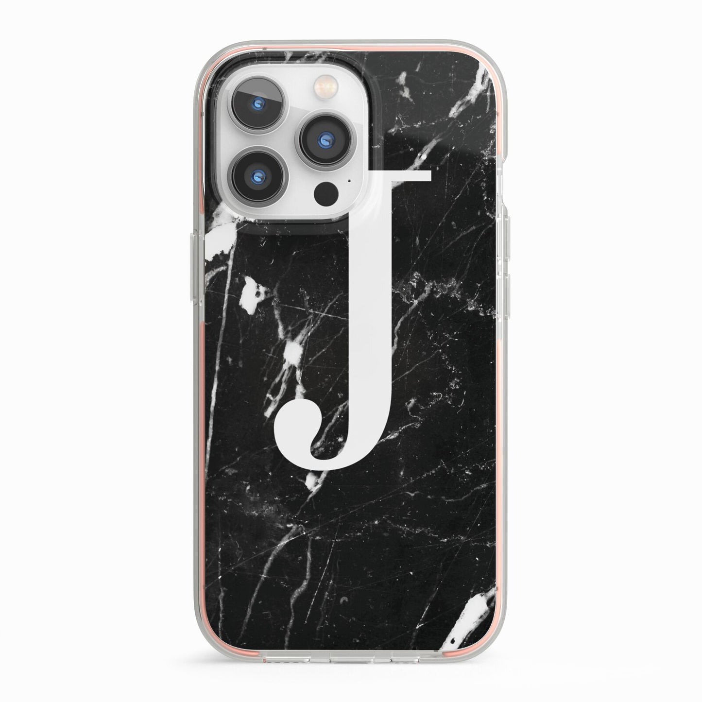Marble White Initial Personalised iPhone 13 Pro TPU Impact Case with Pink Edges