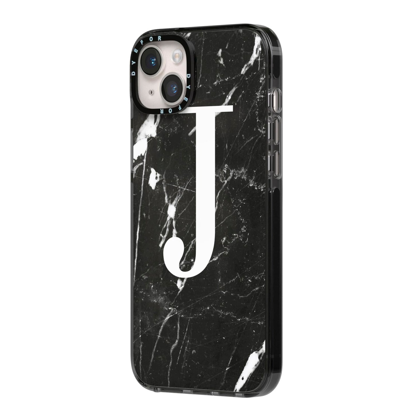 Marble White Initial Personalised iPhone 14 Plus Black Impact Case Side Angle on Silver phone
